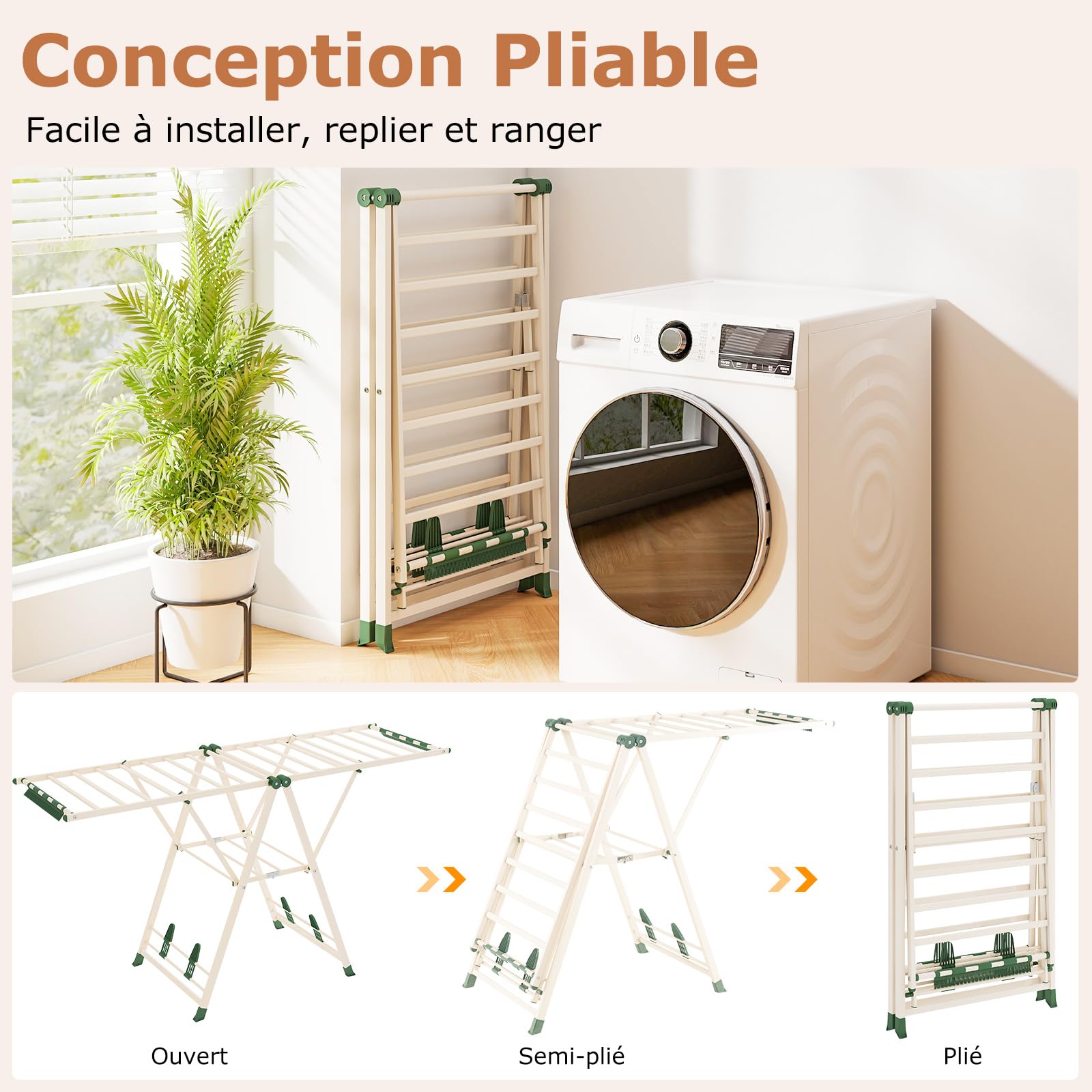 COSTWAY Etendoir Linge Pliable, Sechoir a Linge Pliable 20 Barres, Cadre en Acier, Hauteur Réglable 99-168 cm, Pinces à Chaussettes, 4 Porte-Chaussures, Tancarville Linge Intérieur (Beige,184 cm)