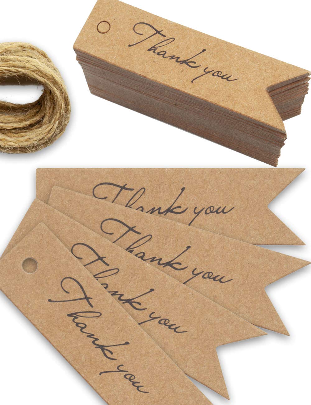 100 x carta kraft, cartone naturale, etichette regalo, etichette di carta, etichette, 7 x 2 cm, con filo di iuta da 10 m, Thank You, grazie, marrone naturale