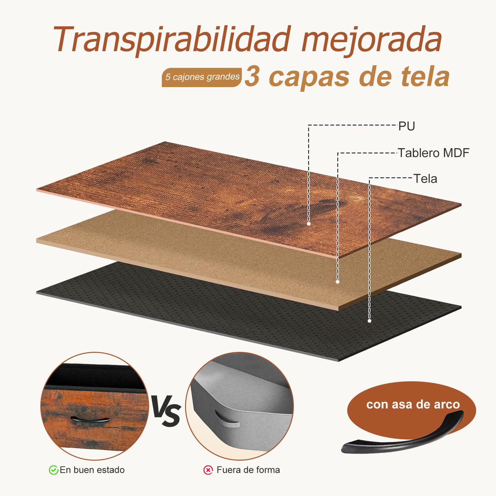 Mueble TV Alto con 5 Cajones, Soporte TV 45",Marrón | Mueble Televisión Compacto para Salón, Dormitorio o Espacios Pequeños con Estantes Abiertos y Almacenamiento