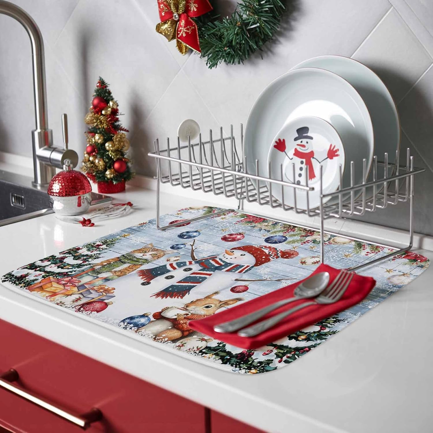 Snowman Christmas Ornament Poinsettia Dish Drying Mats for Kitchen Counter,Absorbent Microfiber Dish Drainer Rack Mat Cat Squirrel Snow Tree Drying Pad for Sinks,Utensils,Countertops,18x24in
