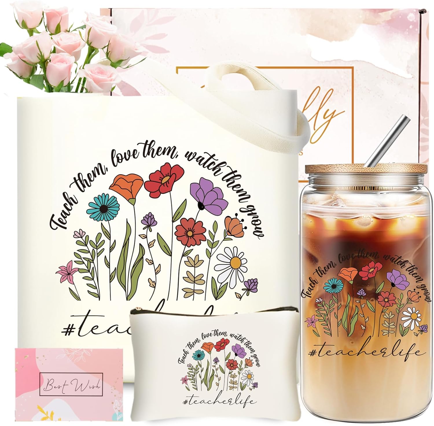 Best Teacher Appreciation Gifts for Women,Thank You Teacher Christmas Gifts set with Tote Bags and 16 oz Glass Cup