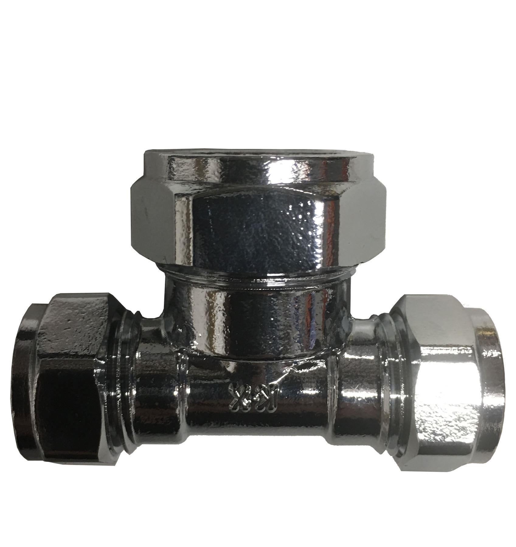 Pack of 2-15mm x 15mm x 22mm Compression Chrome Reducing Tee (Known as Chrome Fittings/Reducer tee / 15mm Compression Fitting Also Available in 15mm, 22mm, 28mm)