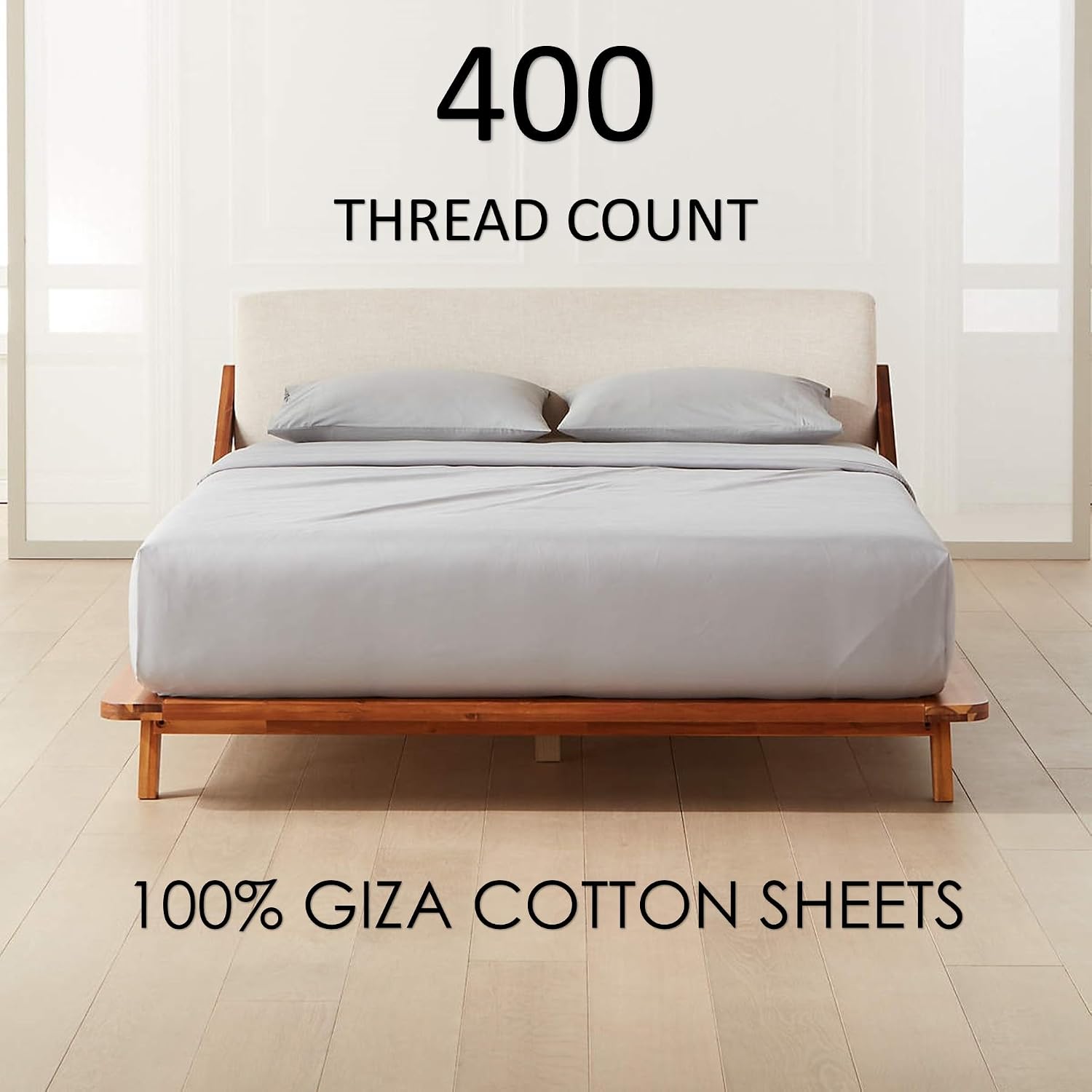 100% Certified Giza Egyptian Cotton Bedsheet, 400 Thread Count - 4 PC Sheet Set, Light Grey Color, California King Size - 12 Deep Pocket of fitted Sheet, Soft Silky Breathable Sateen Weave