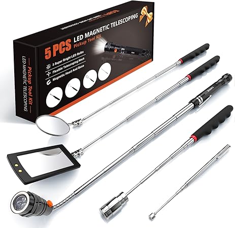 Telescoping Magnetic Pickup Tool Set with 1 & 15 lb Pick Up Sticks, Round and Square Adjustable Inspection Mirror and Flexible LED Flashlight, Christmas Stocking Stuffers for Men Adults, Gifts for Him