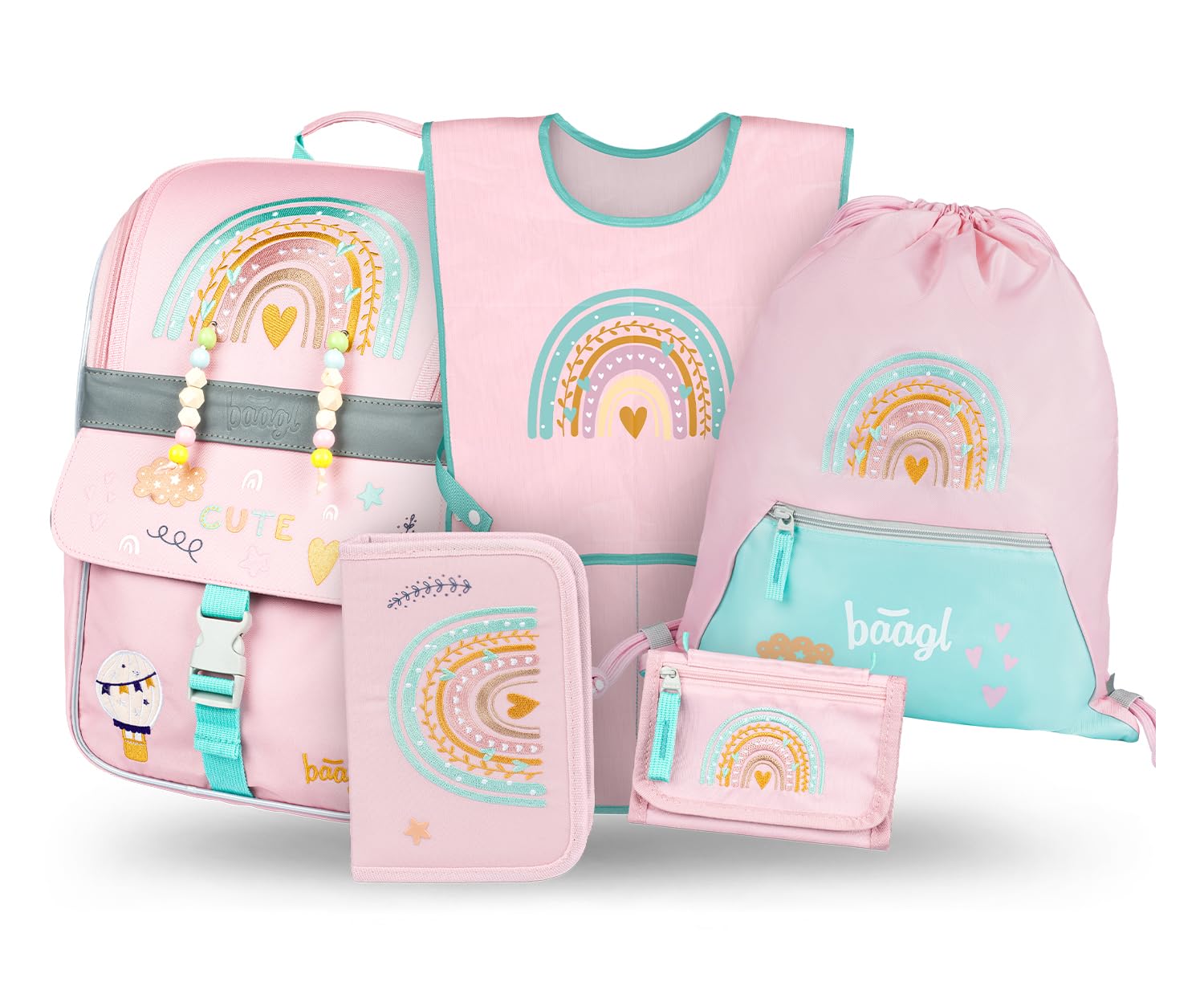 Baagl Schulranzen Jungen Mädchen Set 5 Teilig (Zippy Schultasche für 1. Klasse, Mäppchen, Turnbeutel, Schürze, Brustbeutel), Grundschule Ranzen, Ergonomischer Schulrucksack, 18 l