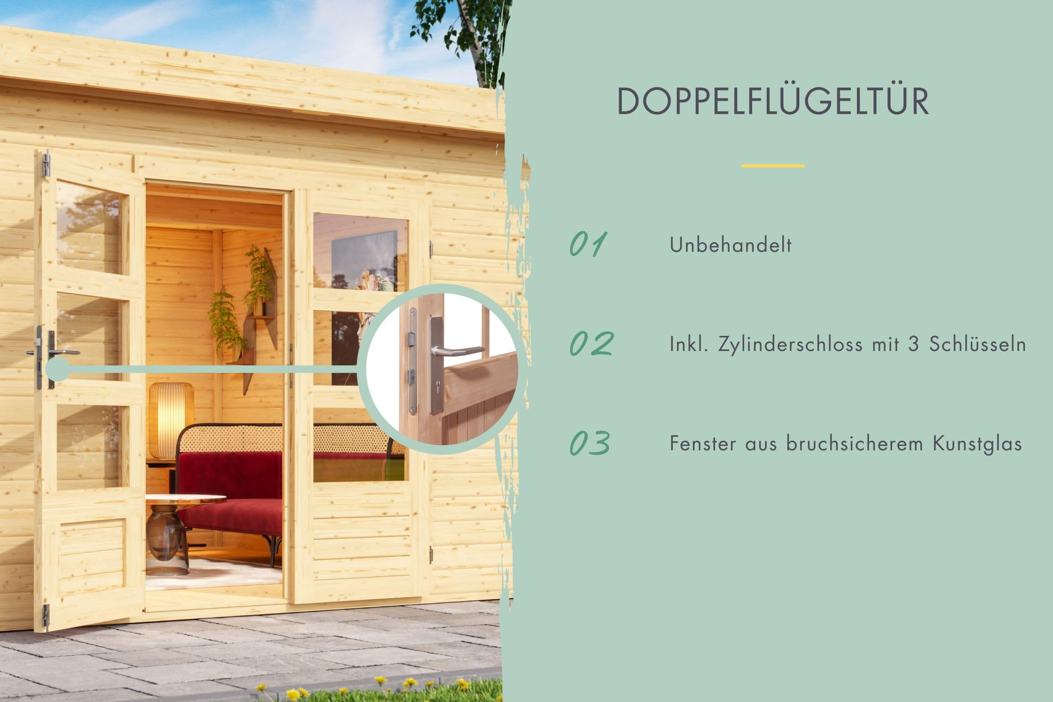 Karibu Gartenhaus Pentus aus nordischer Fichte Verschiedene Größen optinal mit Anbaudach, lichtdurchflutetes Design mit Flachdach (naturbelassen, L)
