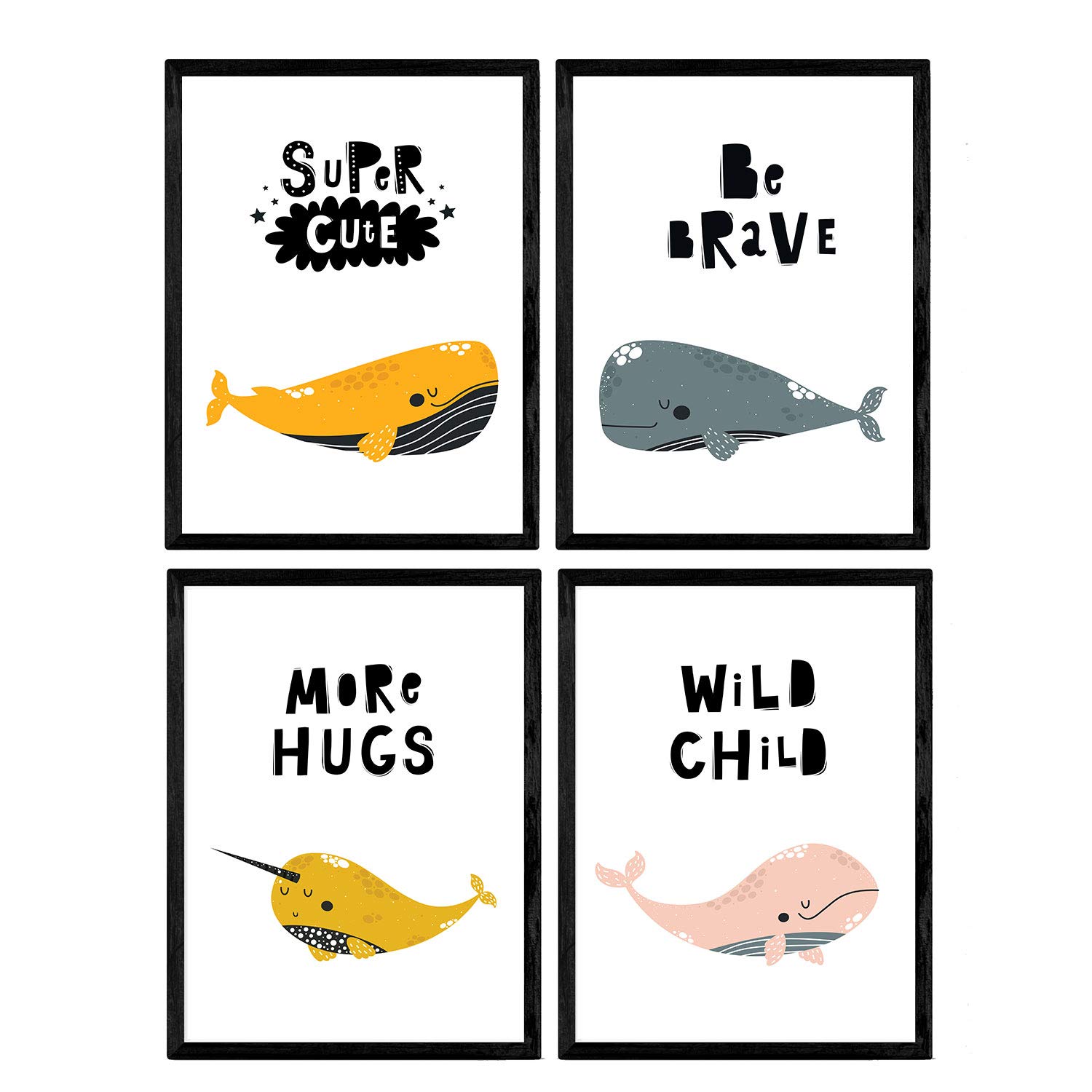Nacnic Pack of four posters with pictures of whales. Leaves with children. Pictures of whales. Whales hug beautiful and bold words wild. A3 size without frame