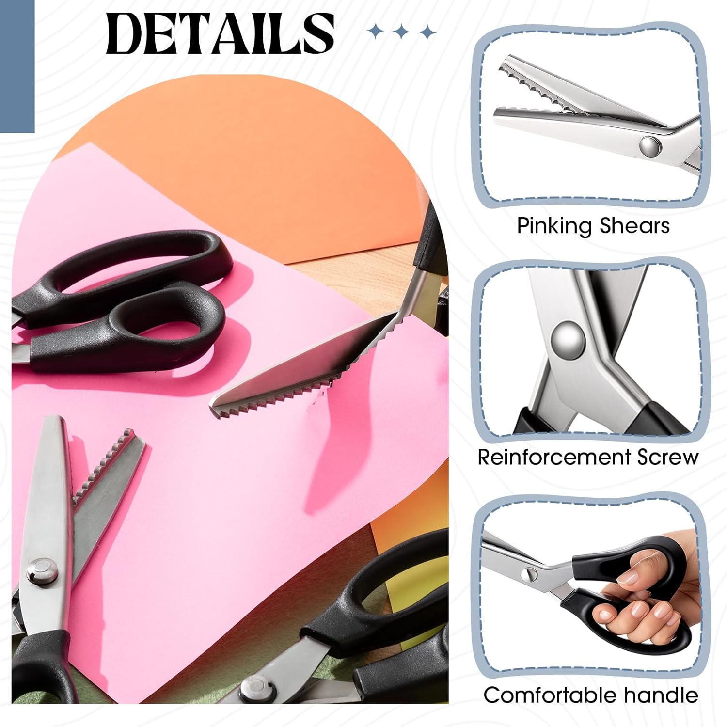 4 Sizes Pinking Shears for Crafting and Paper Cutting, 5mm, 7mm 18mm Scalloped Triangle and Wavy Scissors, 9.3'' Zig Zag Scissors Handheld Serrated Jagged Dressmaking Supply for Leather Fabric