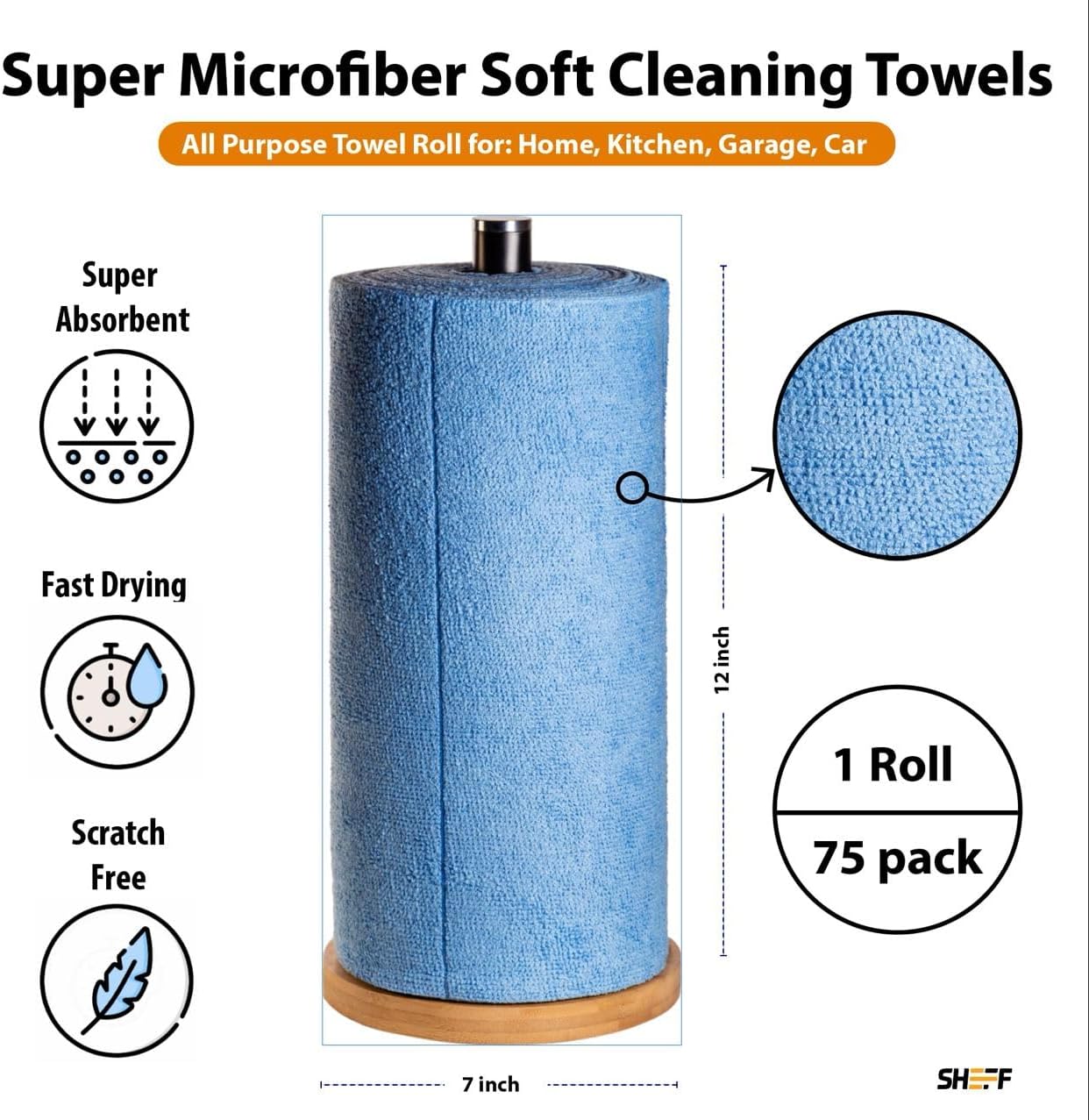Sheff Microfiber Towel Roll - 75Pcs (12x12 inch), Tearable, Reusable Cleaning Cloth for Car, House, Kitchen Microfiber Rags (Blue)