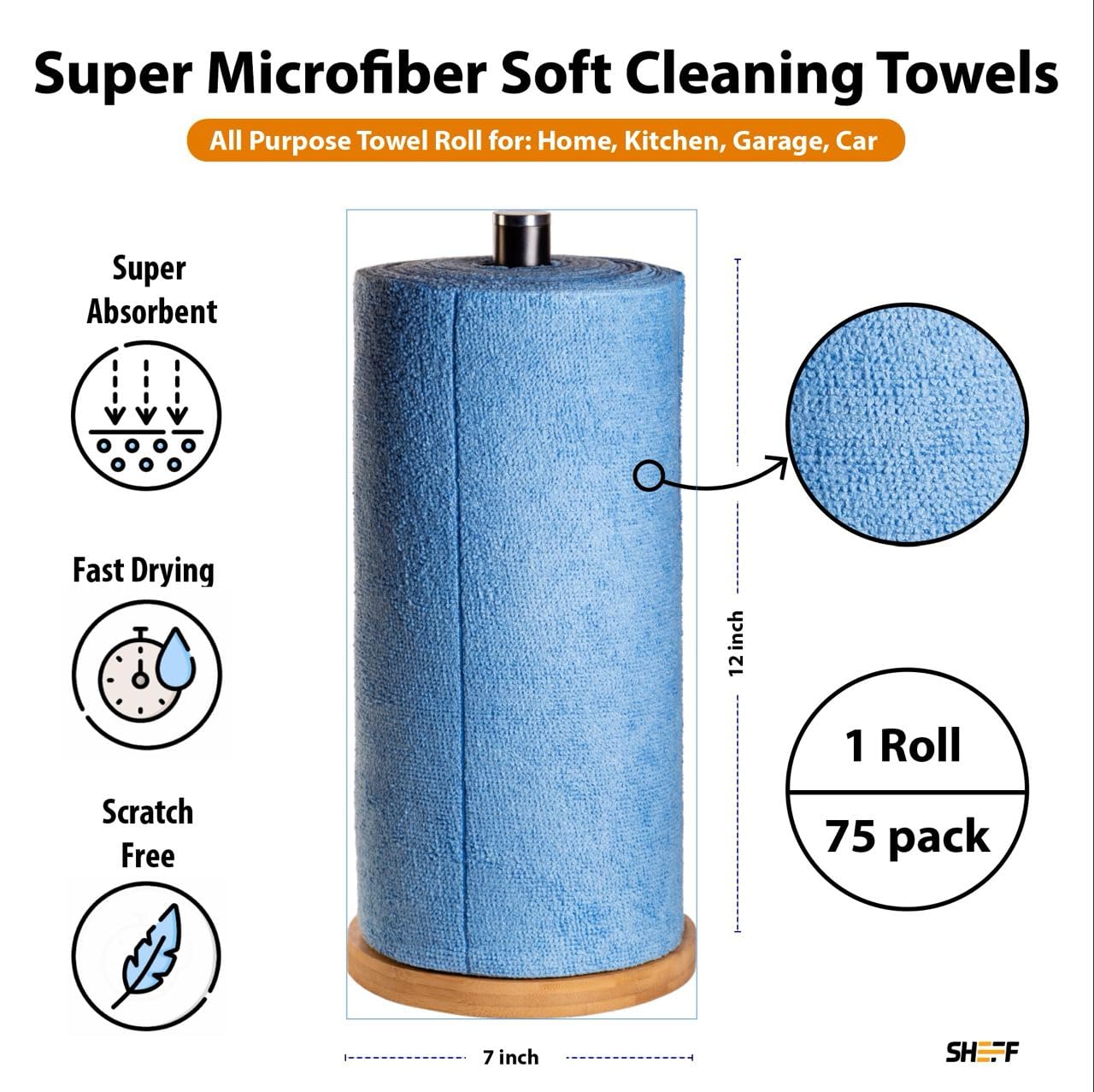 Sheff Rollo de toalla de microfibra – 75 piezas (12 x 12 pulgadas), paño de limpieza reutilizable para coche, casa, cocina, trapos de microfibra (azul)
