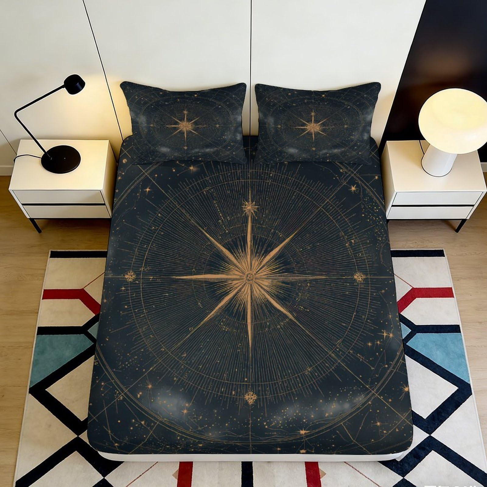 3D Printed Compass Star Fitted Sheet Microfiber Soft Breathable Celestial Map Mattress Cover for Bedroom Dorm Decor 180x200x25cm