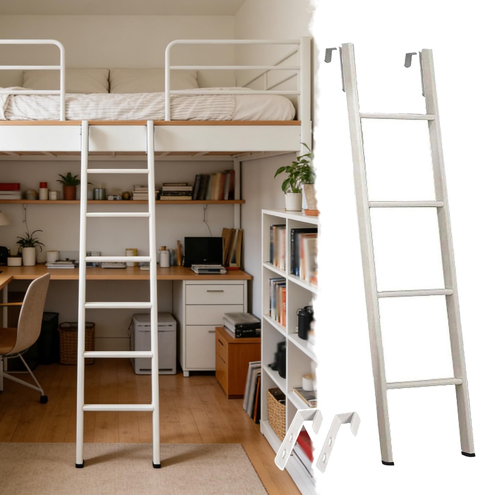 Escalera para cama loft de 125 cm con ganchos de sujeción lateral estable