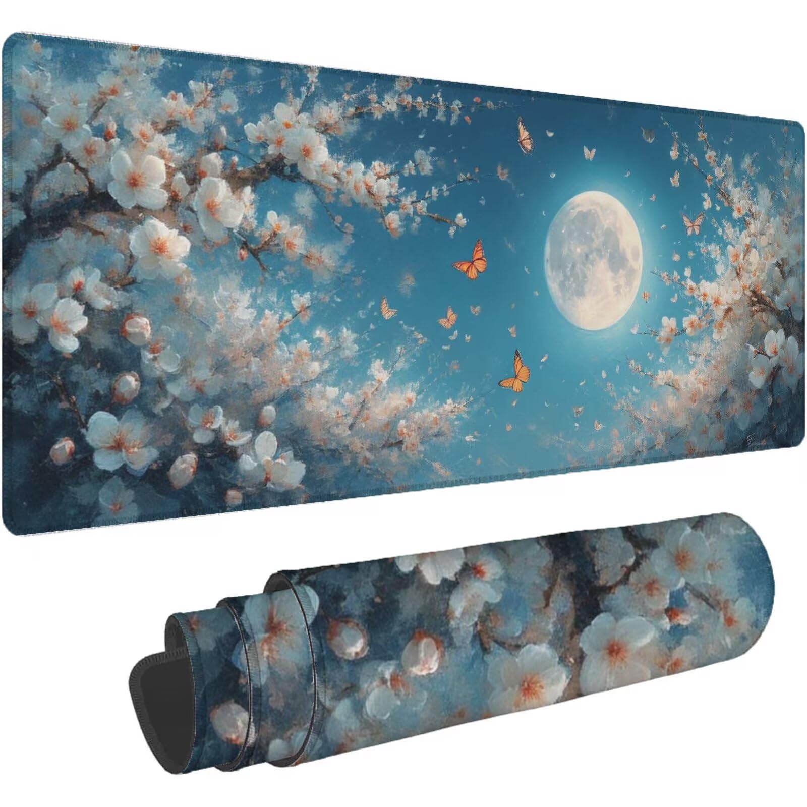 Podkładka pod mysz XXL, 1400 x 700 mm, kremowa, z przyszytą krawędzią i antypoślizgową gumową podstawą, podkładka pod mysz dla graczy, kwiaty, bardzo duża podkładka pod mysz, do domu, komputera