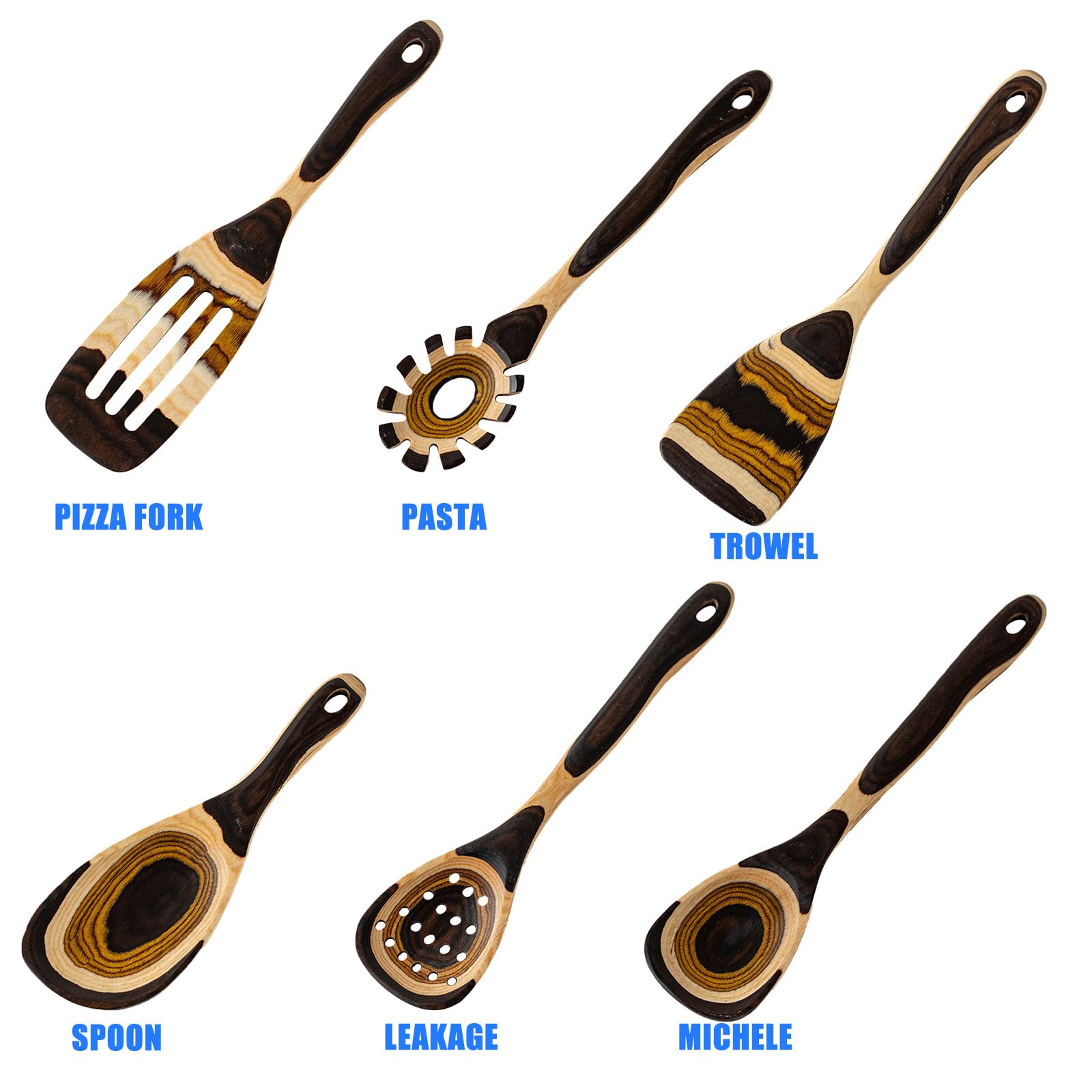 PANGBOER Colección de herramientas de cocina de madera con diseño de color degradado, mango largo, cuchara ranurada, espátula para pastas y cocinas domésticas, utensilios de servir de madera