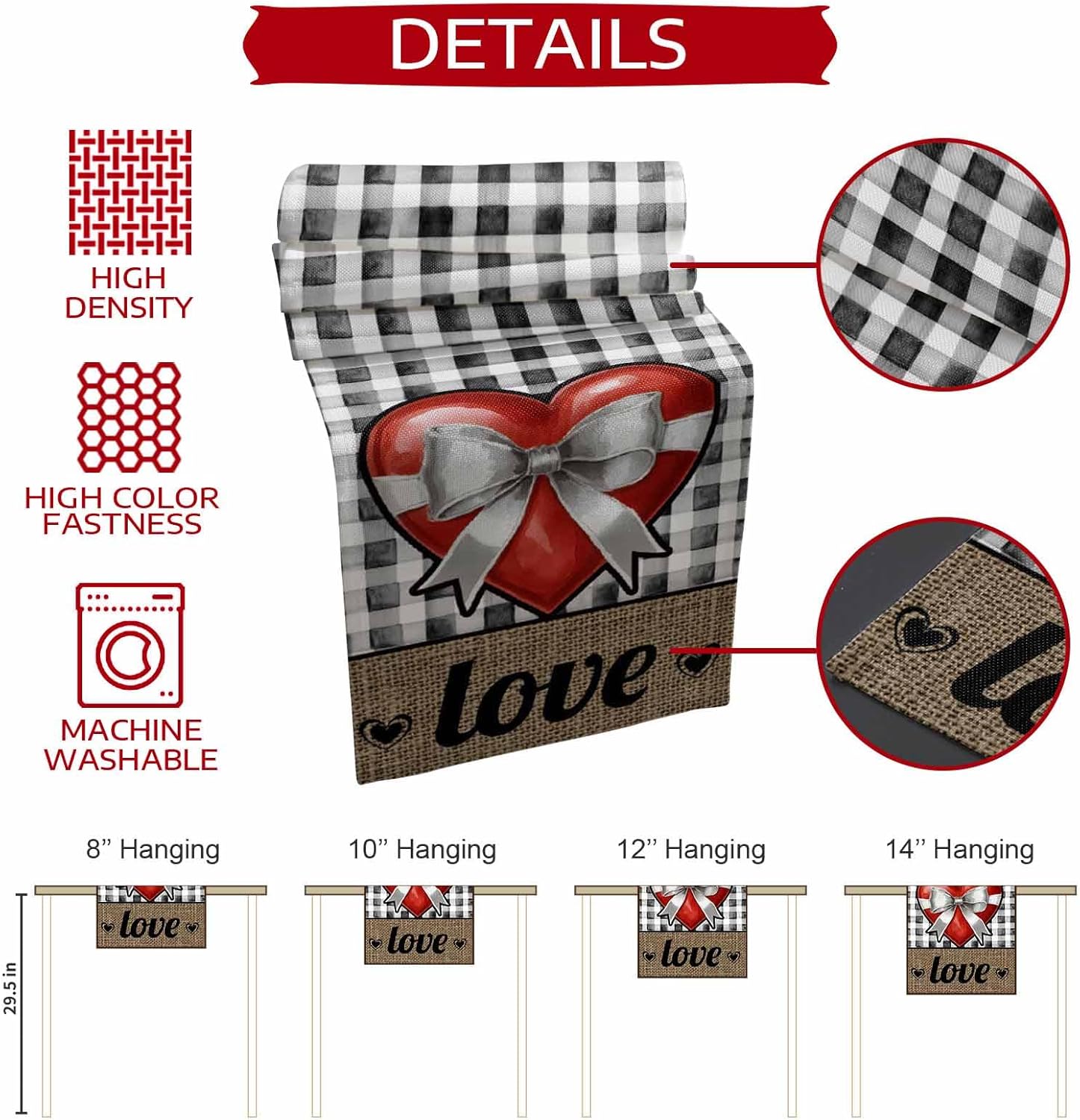 Valentine's Day Table Runner 13x108 Inches Long Bowknot Love Heart Table Runners Washable Cotton Linen Black Buffalo Plaid Linen Dresser Scarf Kitchen Dining Table Decor for Valentines Wedding Party