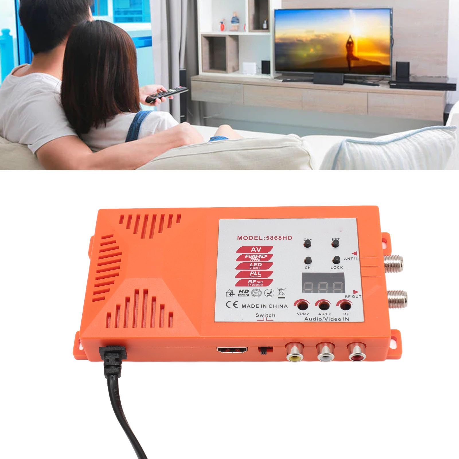 Jectse HDMI-Modulator-HF-Konverter, Koaxial-Composite-VHF-UHF-AV-zu-RF-Konverter, Unterstützt das PAL-NTSC-Format, mit Antenneneingang, Ausgang und Kanalschalter für