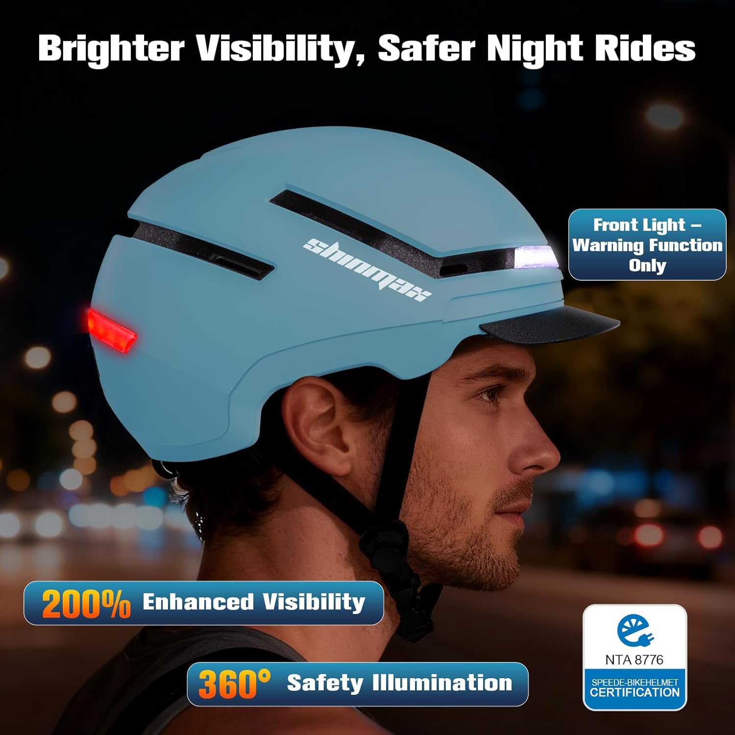 Shinmax Bike Helmet with Turn Signals, NTA Certified up to 45km/h, Bicycle Helmet for Men Women with USB Rechargeable Rear Light, Viser, Cycling Helmet for E-Bike & S-Pedelec,Scooter, Commuter, Adults - Image 3