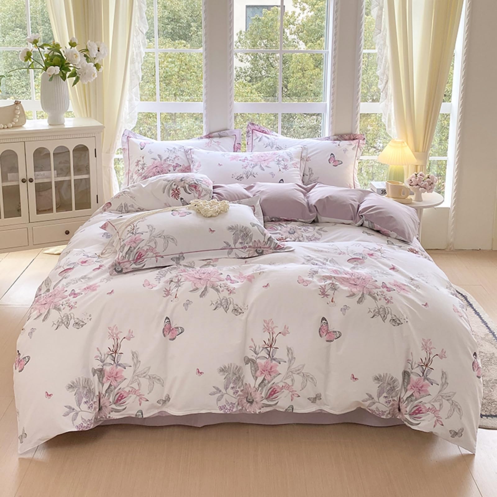 USTIDE Butterfly Duvet Cover Set Double Size 3 Pcs 100% Cotton Vintage Pink Flower Bedding Set Floral Comforter Cover Set Romantic Quilt Cover Set Zipper Corner Ties — image 1