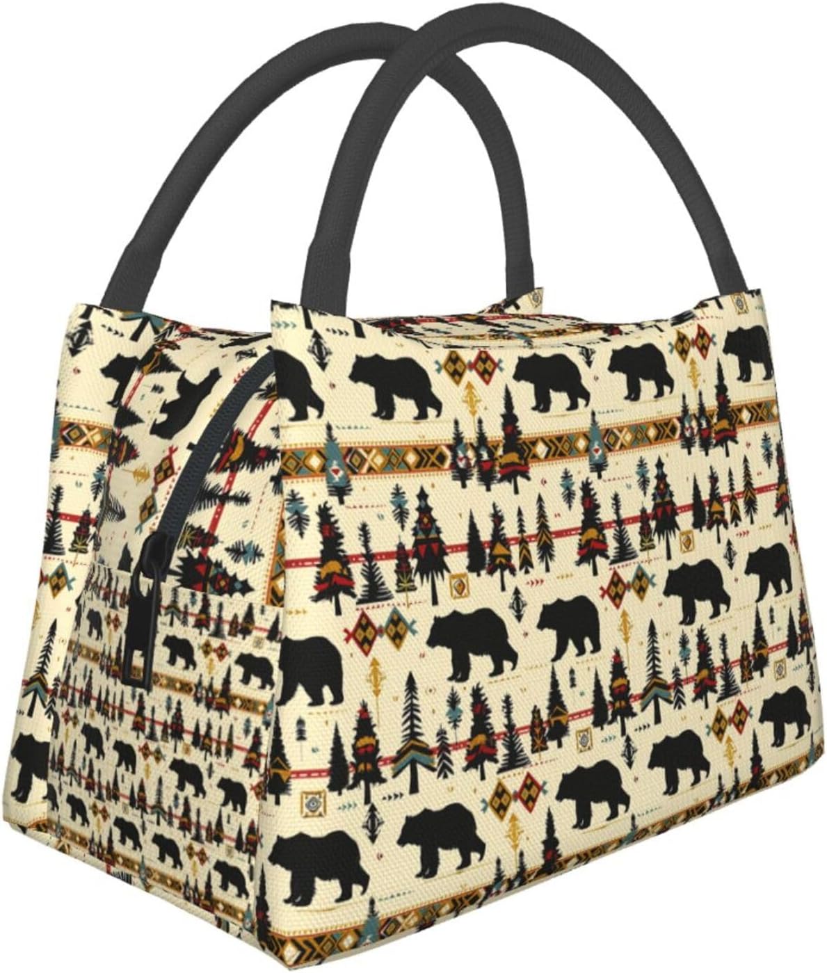 Retro Forest Bear Polyester Insulated Lunch Box,Rustic Woodland Wildlife Lunchbag for Work Picnic Travel,Makeup Bag,Reusable Cooler Bags Gifts for Nature and Animal Lovers,11in x 6.3in x 6.7in