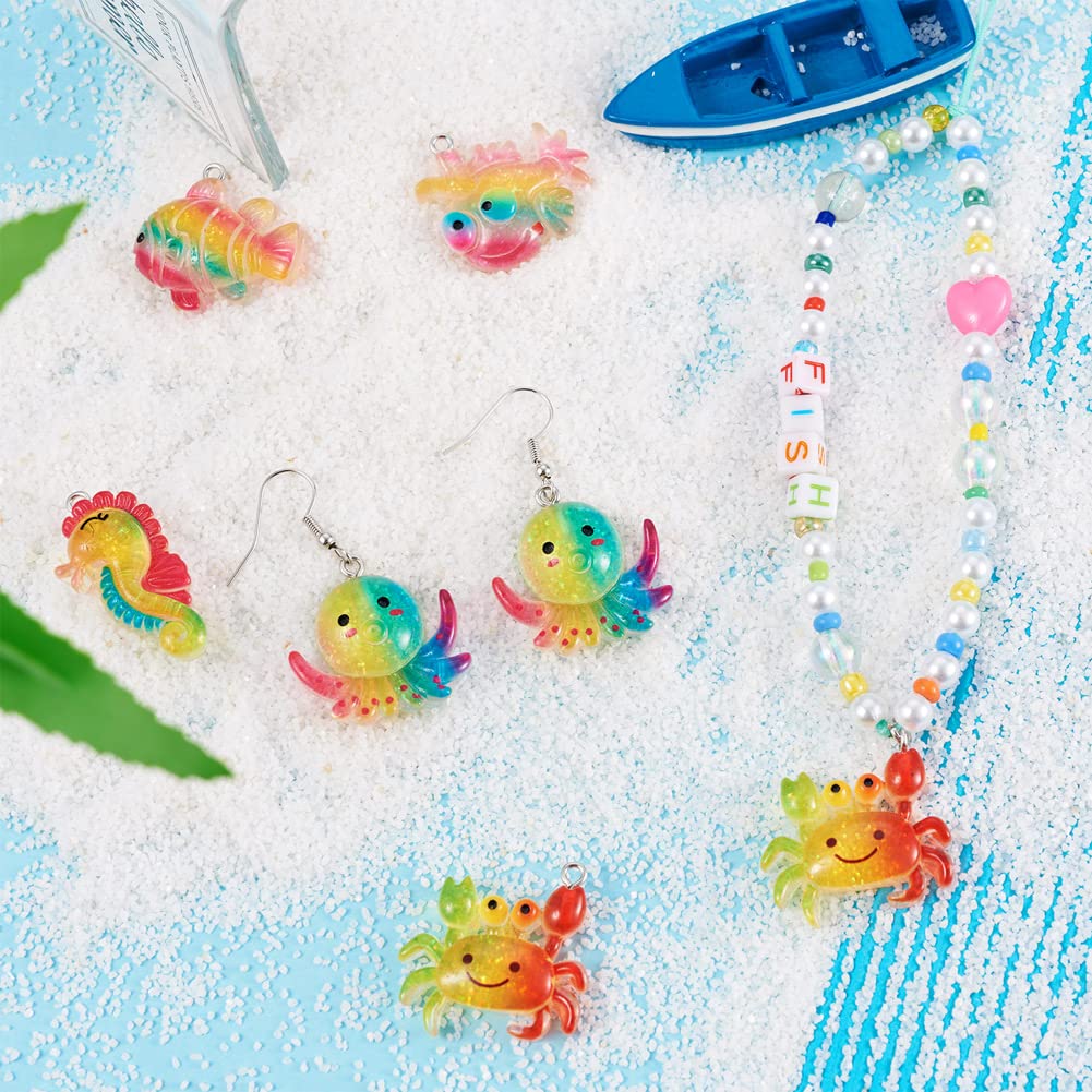 Cheriswelry 36Pcs Colorful Ocean Resin Charm Cute Seahorse Crab Octopus Fish Resin Dangle Pendant with Glitter Powder & Loops for Jewelry Making - Image 3