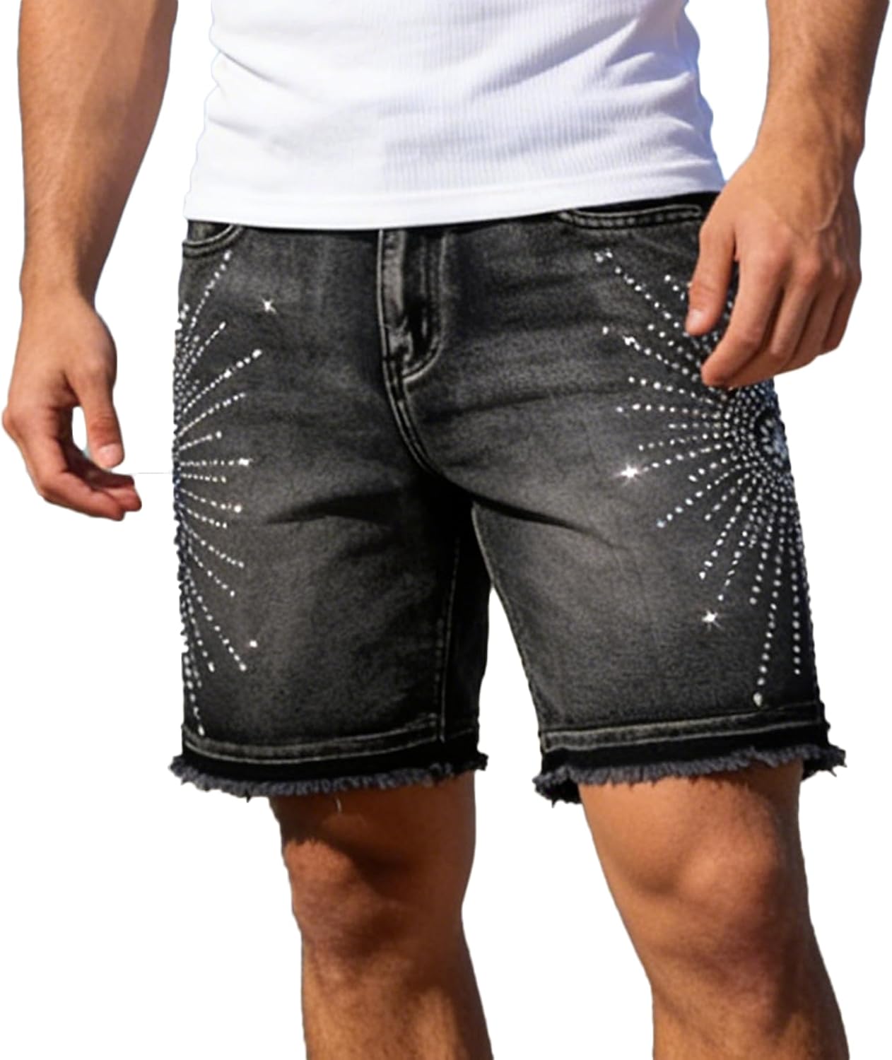 Men's Denim Shorts Rhinestone Decoration Slim High-Street Casual Breathable Jeans Shorts