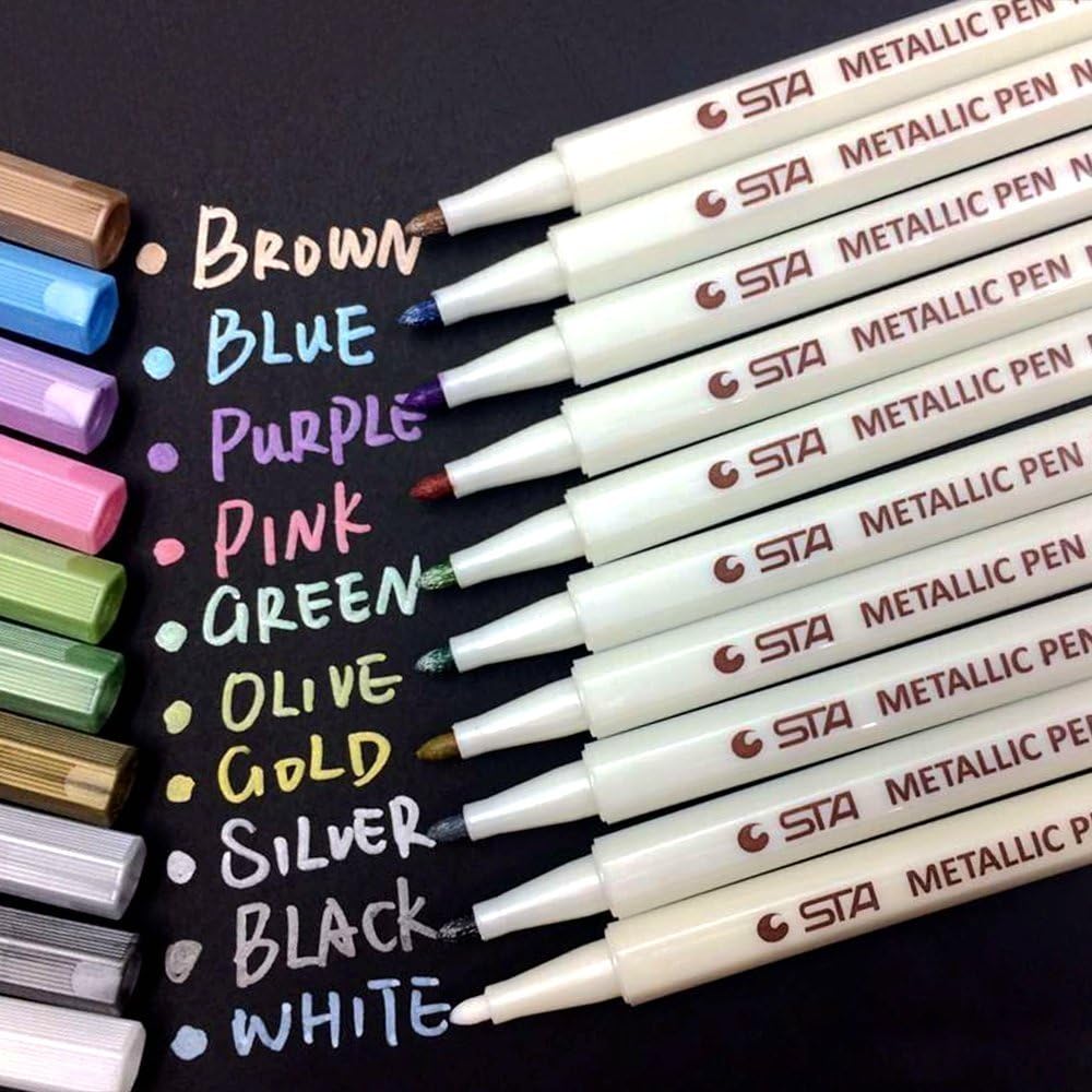 ANYUKE Metallic Marker Pens for Scrapbooking, 10 Fine Tip Glitter Metallic Pens for Black Paper Scrapbook Accessories, Art Craft Supplies for Card Making, DIY Photo Album, Gifts for Teenage Girls