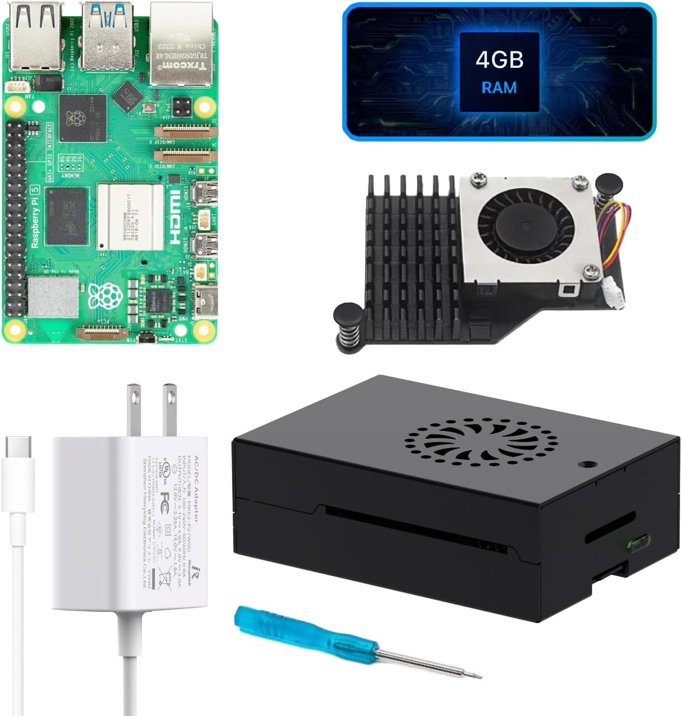 iRasptek Basic Starter Kit for Raspberry Pi 5 4GB RAM- Includes 4GB Board, 27W PD Power Supply, Pi5 Metal Case and Active Cooler