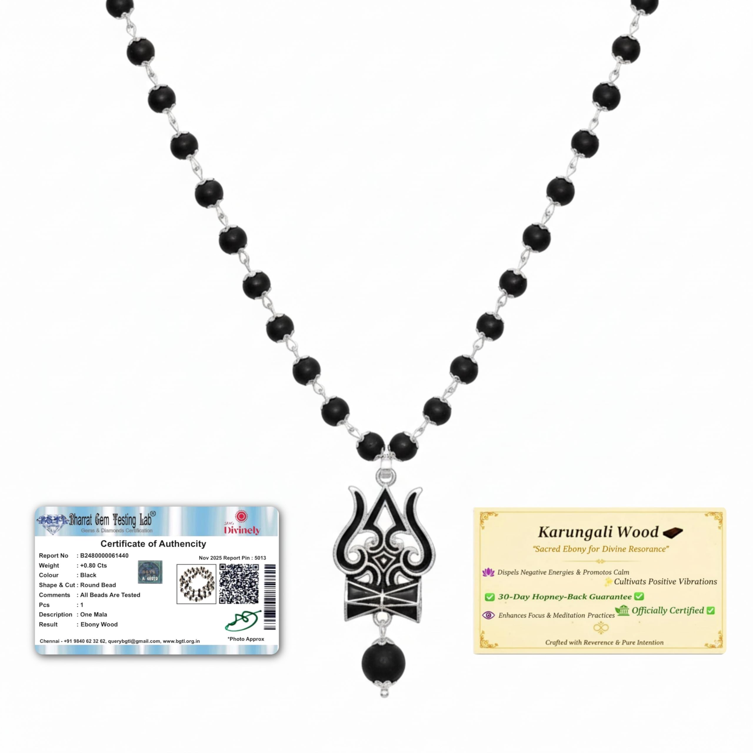 Divinely 100% Natural Karungali mala Original Silver Coated 8mm Beads with Om Trishool Pendant | Authentic Coated Silver karungali malai Original 54 Beads Ebony Wood Necklace |