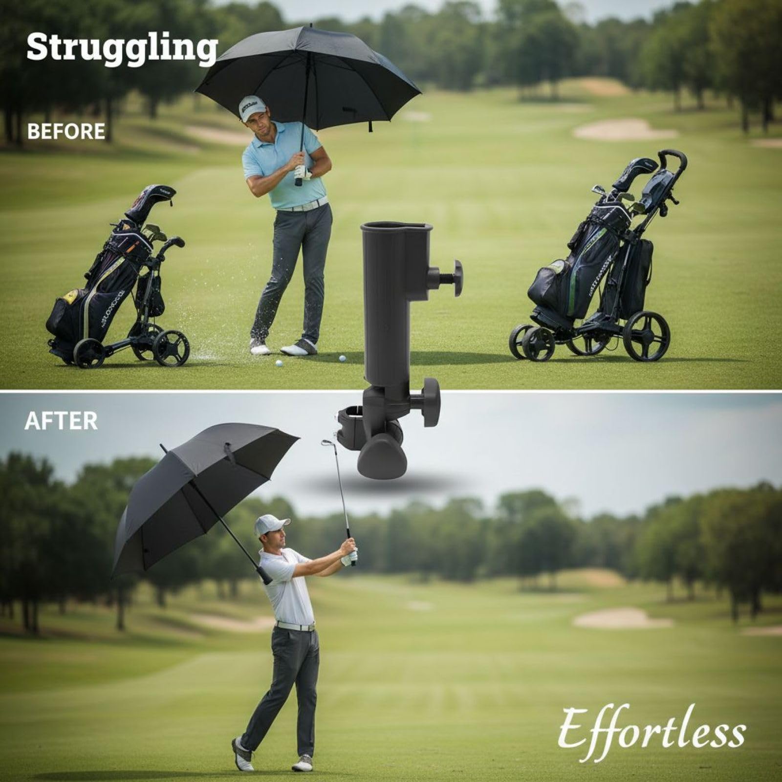 Golf-Pushcart-Schirmhalter, universelle verstellbare Schirmbefestigung mit Standfuß, freihändiges Design, leichte Kunststoffhalterung für Golftrolley und Schirm, für Sonne und Regen