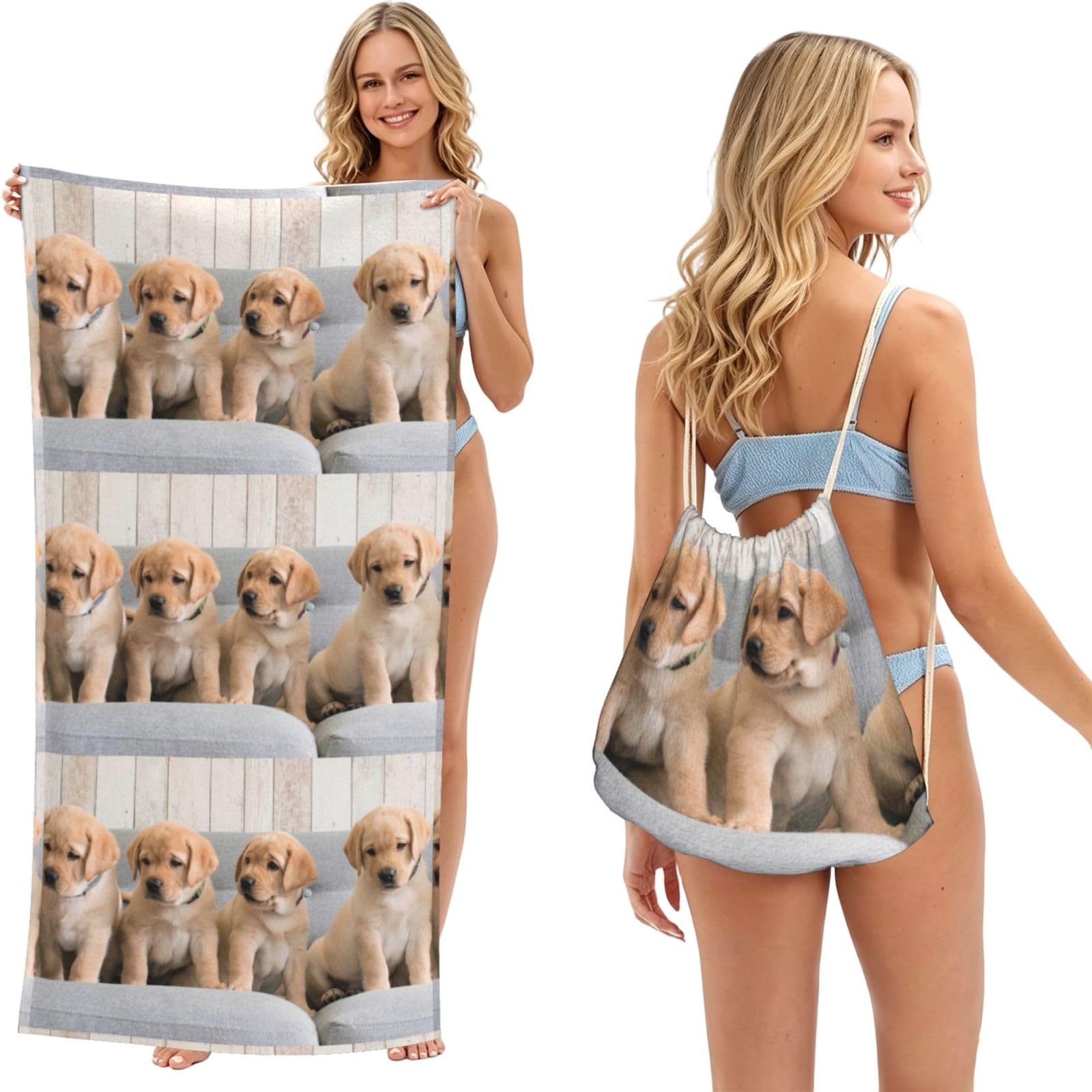 Poadnly As Picture Golden Retriever Dogs Puppies Labrador Dogs, 2 In 1 Packable Towel Bag, Beach Towels With Drawstring Backpack For Travel Holiday Camping