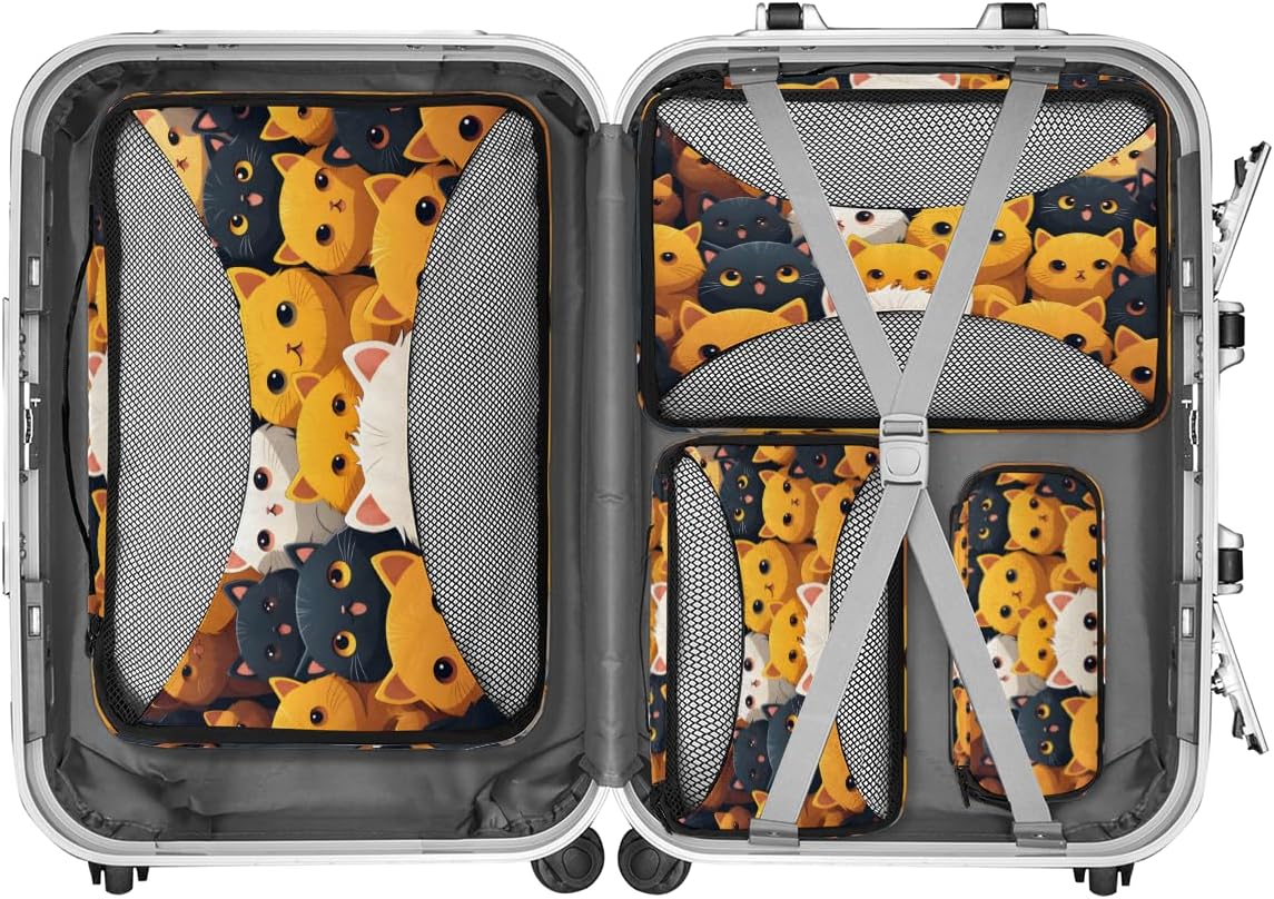 Artistic Cat Face 4 Set Packing Cubes Packing Cubes for Women Lightweight Travel Essential Bag Clothes Carry on Suitcase Bags for Accessories Essentials