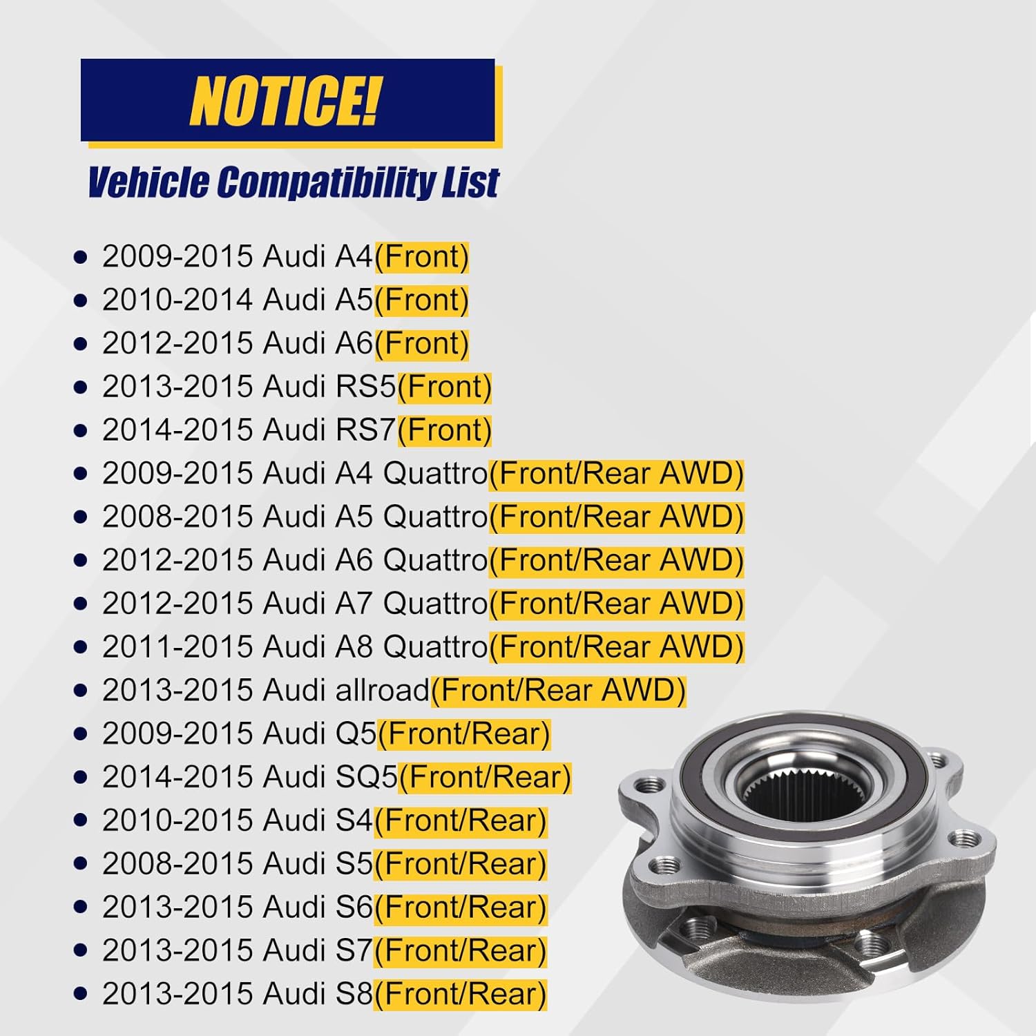 KUSATEC 513301-K Front/Rear Wheel Bearing and Hub Assembly Compatible with 2008-2015 Audi A4 A5 A6 A7 A8 Quattro RS5 RS7 allroad Q5 SQ5 S4 S5 S6 S7 S8