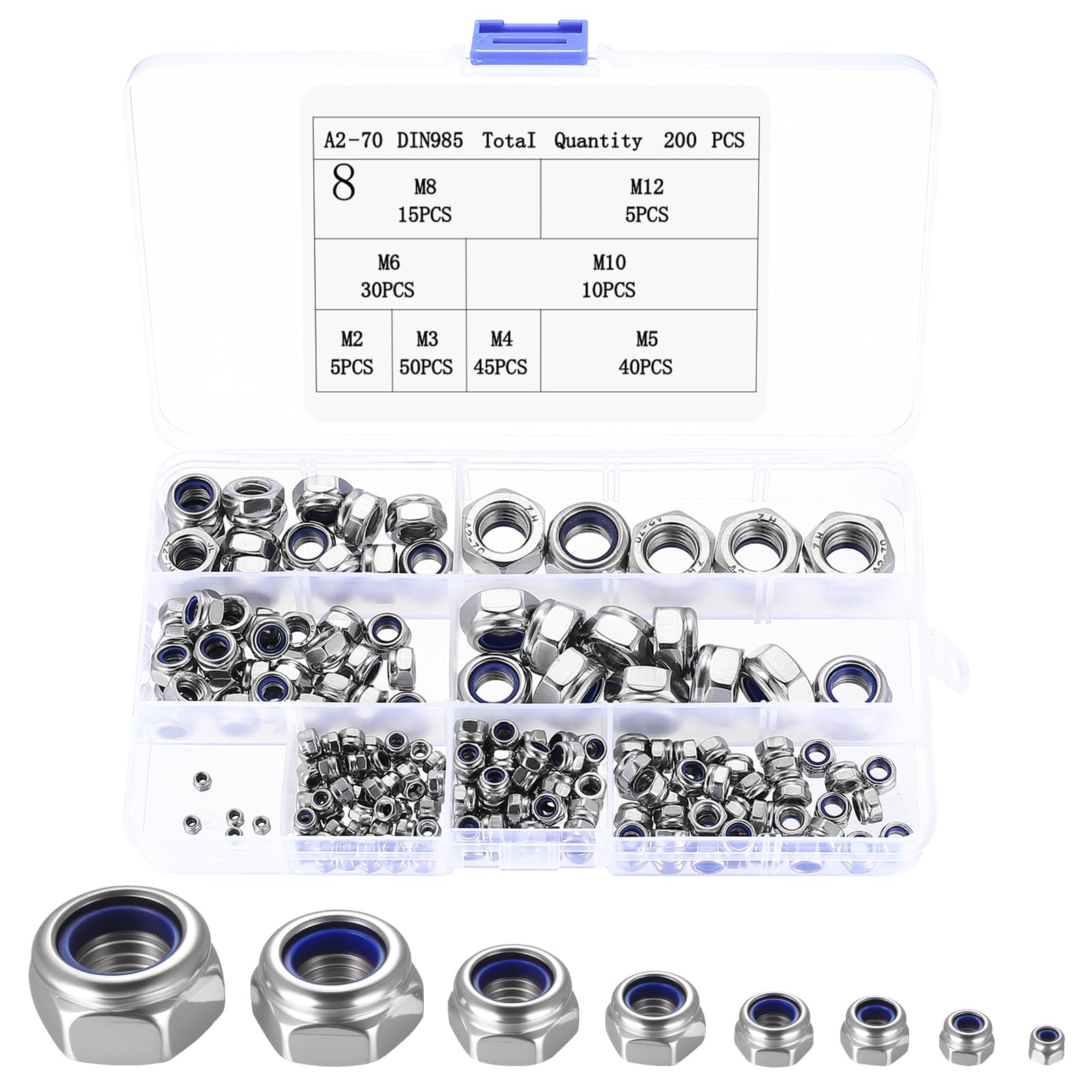 Dadi esagonali in acciaio inox, set di dadi autobloccanti, dadi di bloccaggio per viti, barra filettata, M2, M3, M4, M5, M6, M8, M10, M12, set di dadi in acciaio inox