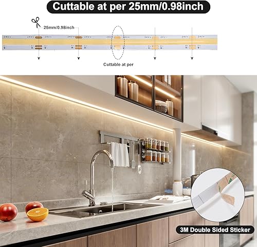 Miniatura 4 de GIDEALED Tira de luz LED COB de 20 pies, color blanco cálido, 3000 K, 2880 LED, tira flexible de 24 V COB LED regulable para iluminación ambiental
