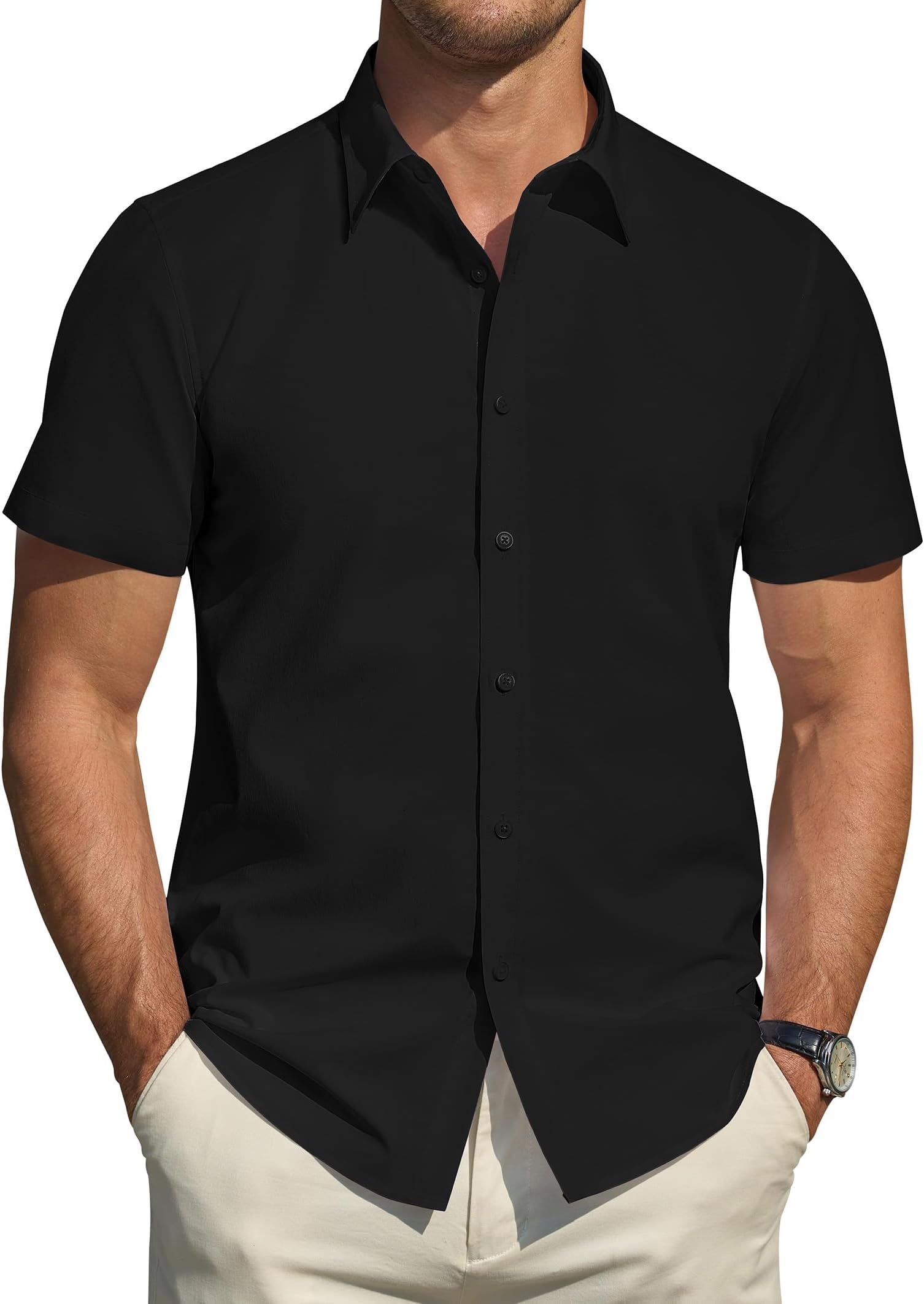 J.VERMen's Short Sleeve Dress Shirts Stretch Stain Shield Casual Button Down Shirts Solid Formal Shirt