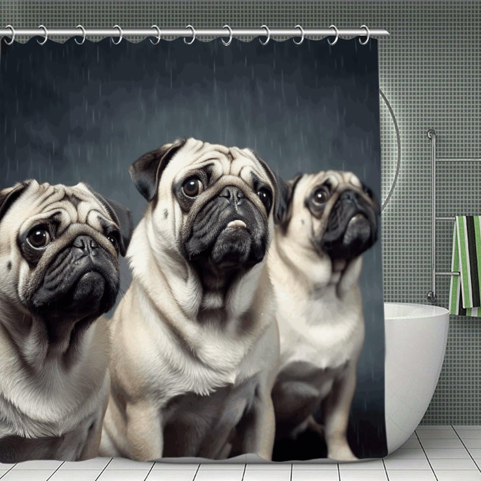 VstaDank Funny Pug Dog Shower Curtain Light-Weight Blackout Bathroom Curtain Washable Shower Liner 71x71 Inch Bath Curtain with Metal Holes Bathtub Bath Room