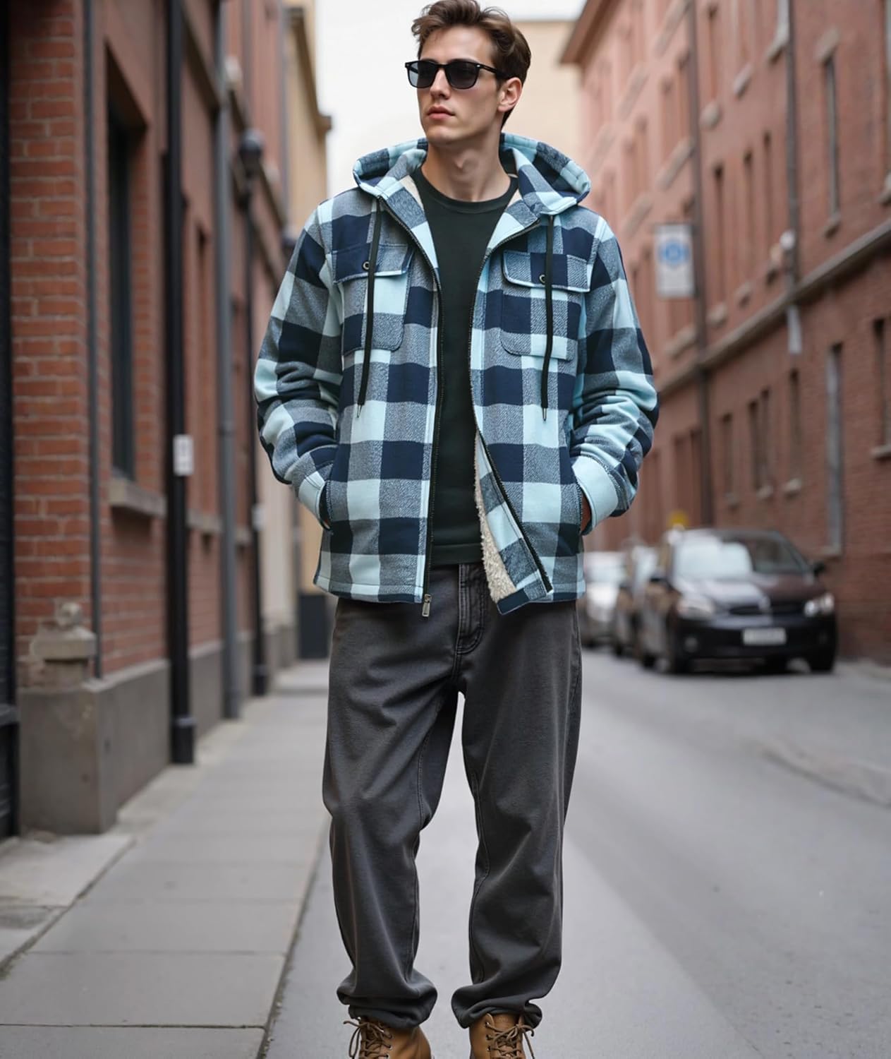 Mens Plaid Full Zip Hoodie Warm Flannel Shirt Jacket Fleece Lined Outerwear Coat with Hood - Image 3