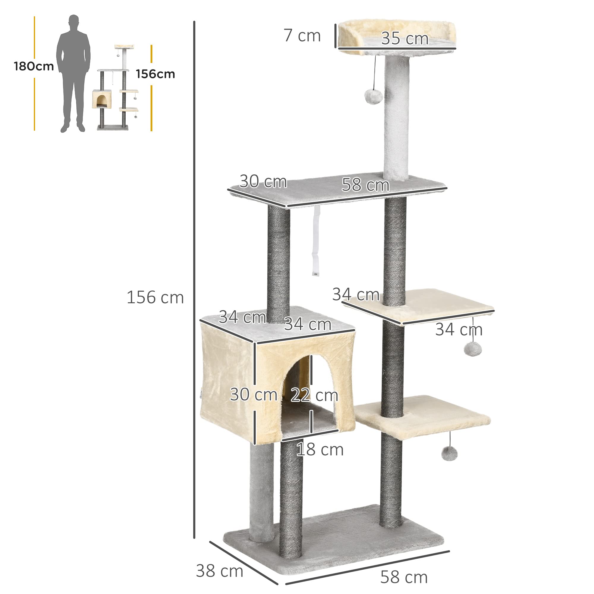 PawHut Tiragraffi per Gatti Alto 156cm con Lettino e Casetta Grigio e Beige | Pali Tiragraffi in Sisal, Legno e Peluche