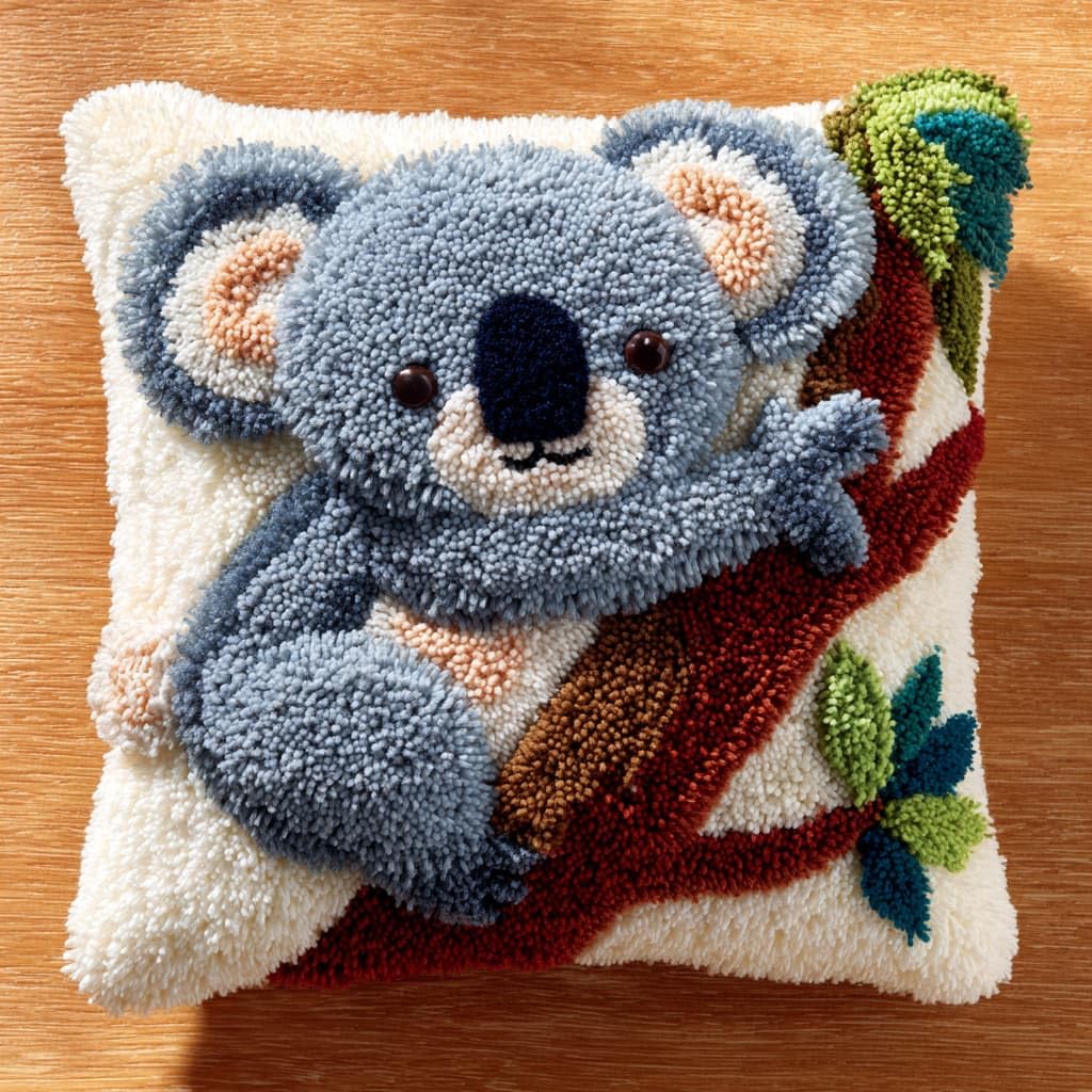 Taxpy Cushion Latch Hook Kit, Koala DIY Pillow Materials Hooks Knitted Embroidered Pillow Embroidery Latch Hook Carpet Kit,17x17inch