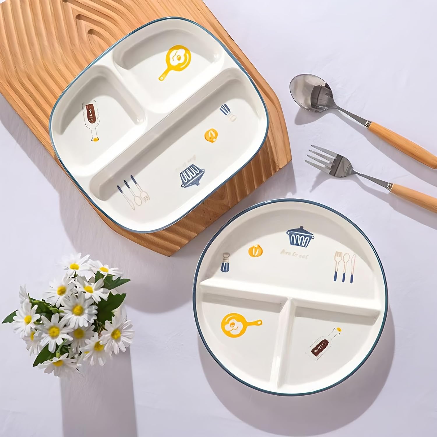 Ceramic Divided Plate, Diet Control Dinner Plate with Cute Tableware Patterns, Suitable for Pasta, Steak, Fruit, Salad and Bread, Microwave Safe