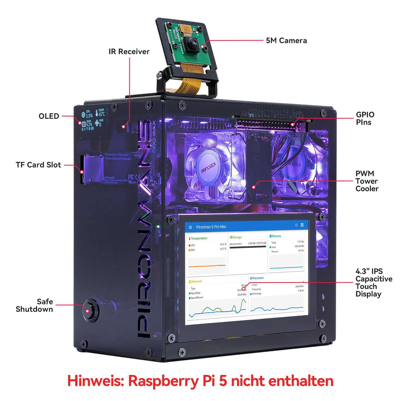 Pironman 5 Pro Max Mini-PC-Gehäuse mit 4,3" Touchscreen für Raspberry Pi 5, OpenClaw KI-Agent, Dual NVMe RAID 0/1 NAS, Kamera, Mikrofon, Audio, M.2 Hailo8, LLMs ChatGPT/Gemini (RPI5 Nicht enthalten)