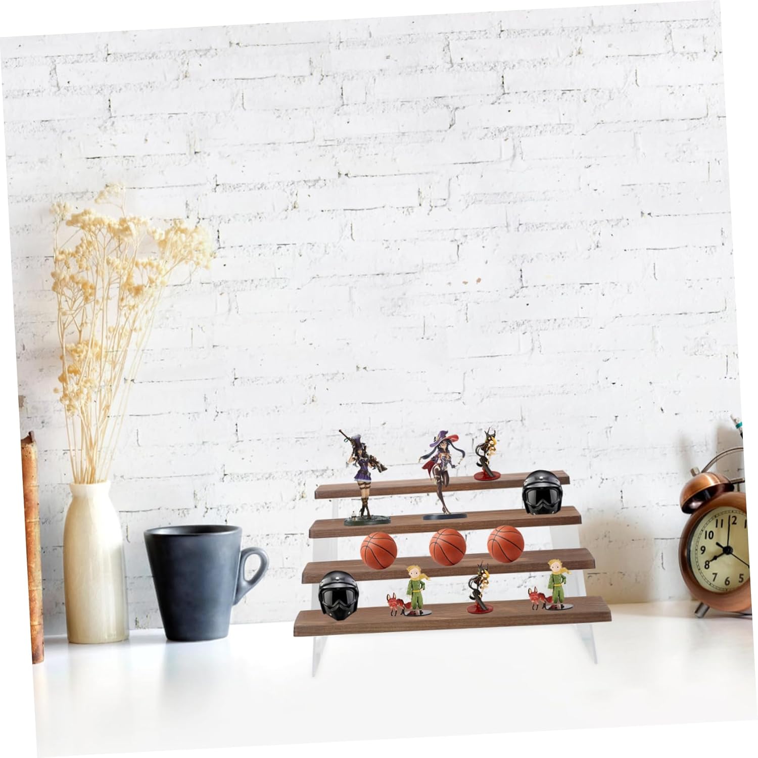 PRETYZOOM 4tier Solid Wood Storage Rack Multi Display Shelf for Dolls Figurines Acrylic Risers Toys Side Table Sturdy Easy to Install