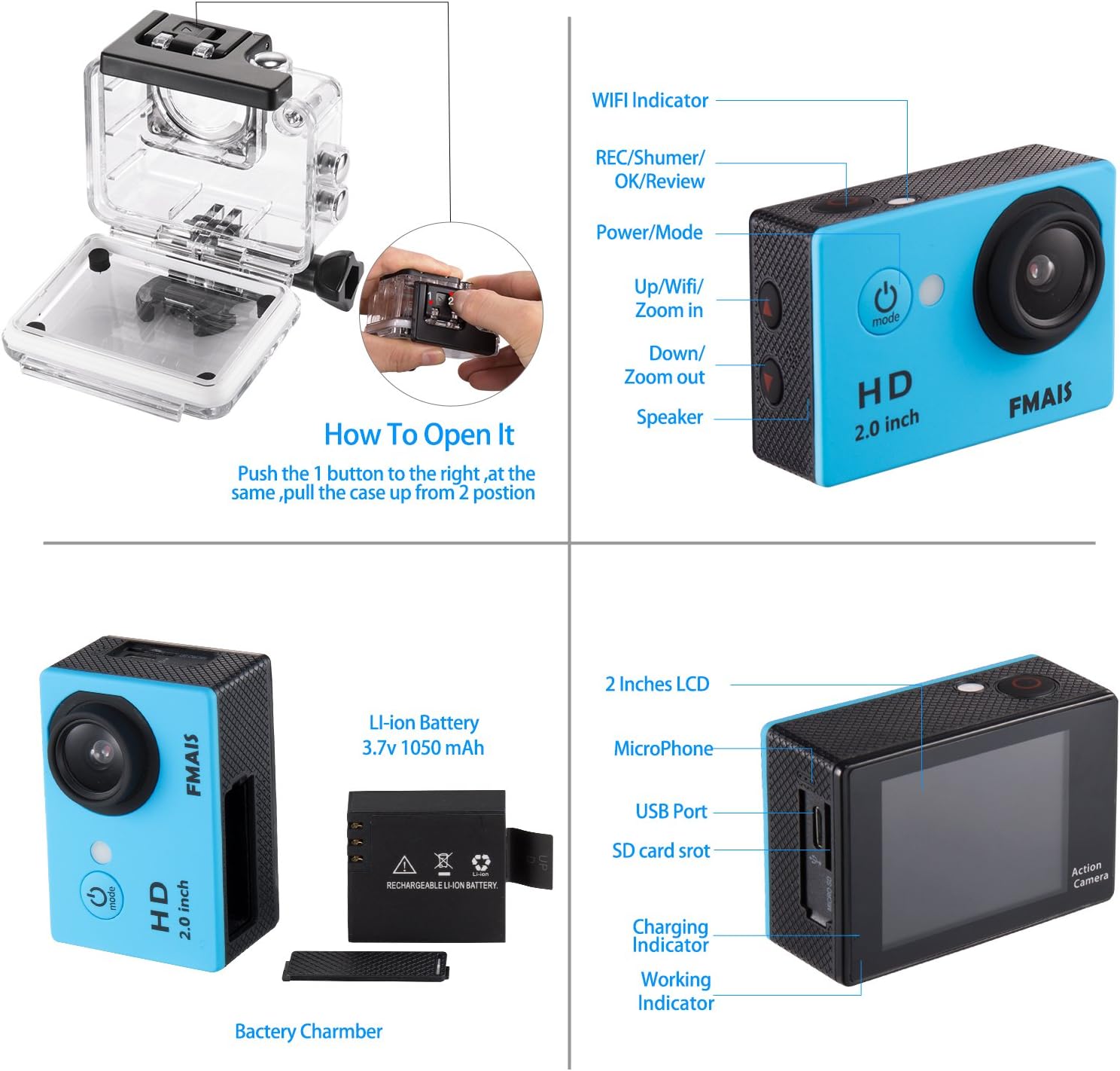 Action Camera 2.0 Inch LCD Full HD 1080P Camcorder Underwater 30m/98ft Waterproof Sports Camera with 2 Rechargeable Batteries and Mounting Accessories Kit (Blue)