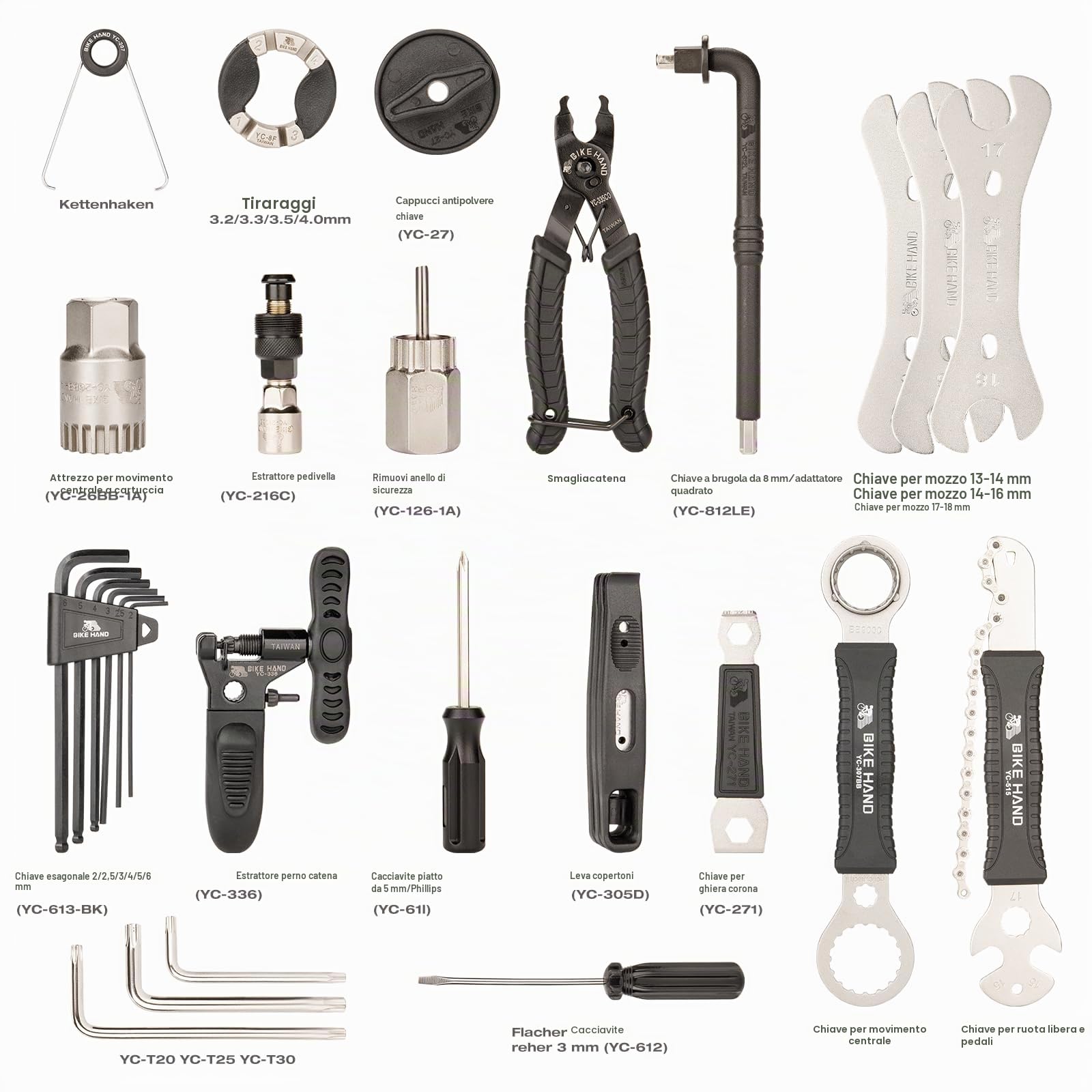 BIKE HAND Set completo di attrezzi per bicicletta, 22 pezzi, set di riparazione professionale con custodia, colore nero