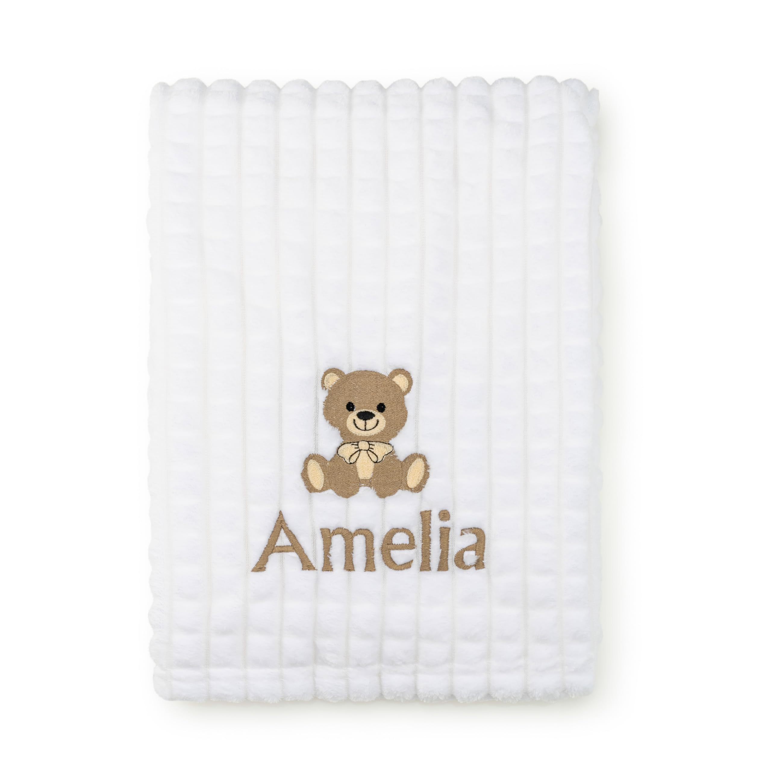 Lobeko Women's White Personalised Baby Blanket With Name And Teddy Bear Design, 75 X 100 Cm Soft Newborn Blanket Baby Girl Boy Fleece Wrap (White)