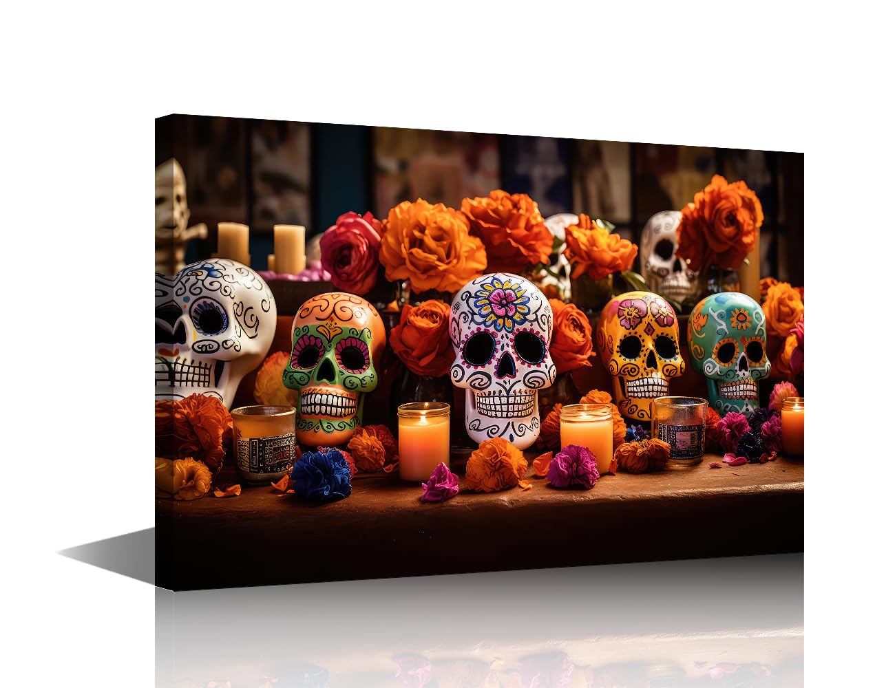 Photo 1 of 1 Panel Wall Paintings for Living Room Sugar Skull with Colorful Flowers Picture Prints on Canvas for Home Office Wall Decorations, Wooden Framed Gallery-Wrapped Ready to Hang, 18" Wx12 H