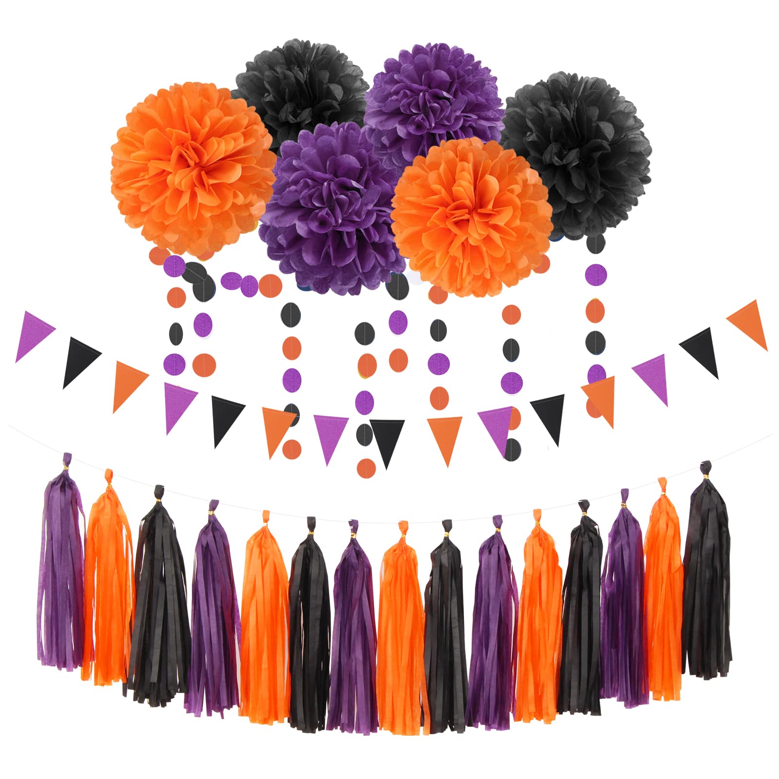 Black Purple Orange Halloween Party-Decorations - 23pcs Tissue Pom Poms Streamers,Tassel Garland Banner,Graduation 2026 Birthday Wedding Baby Bridal Shower Decor Bunting Lasting Surprise