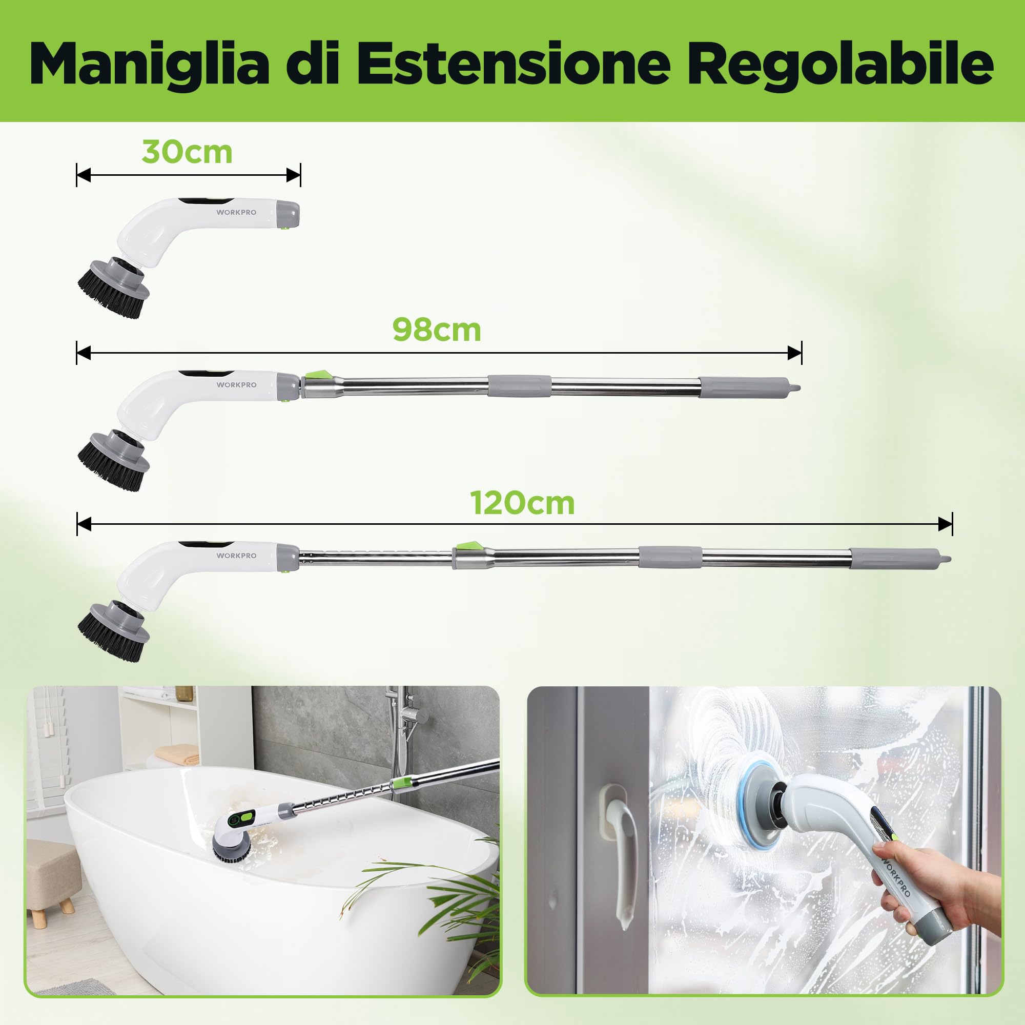 WORKPRO Spazzola elettrica Rotante per Pulizia con 8 Spazzole e 30-120cm Palo estensibile, Spazzola a Batteria con 3 velocità di regolazione per la pulizia di pavimenti, bagni, cucine e finestre | Ricaricabile, manico estensibile da 30 a 120 cm, 3 velocit