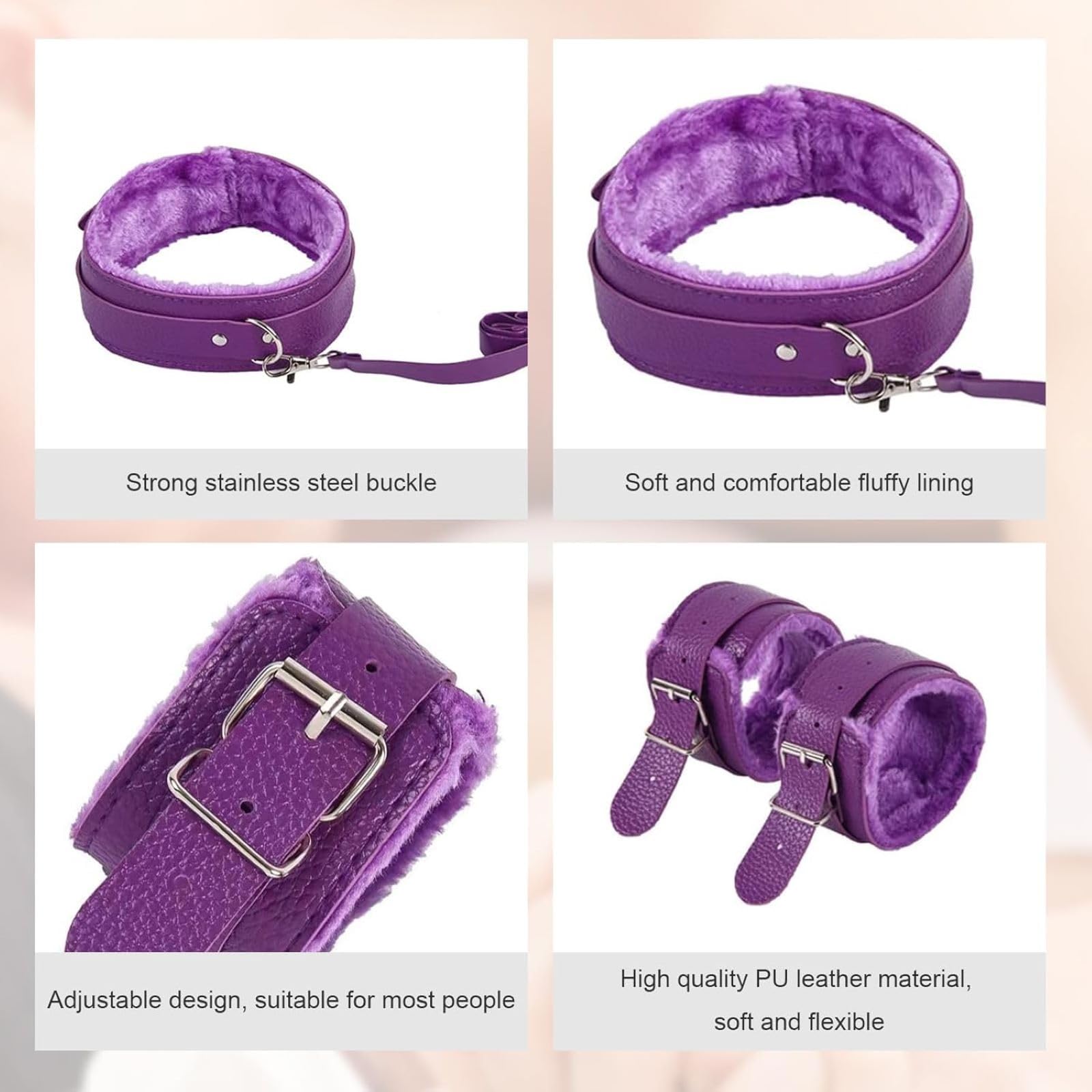 Exclusivo set de 14 piezas para parejas en cuero morado y felpa de lujo, los kits perfectos para San Valentín-ESLSM01 (Set morado-1)