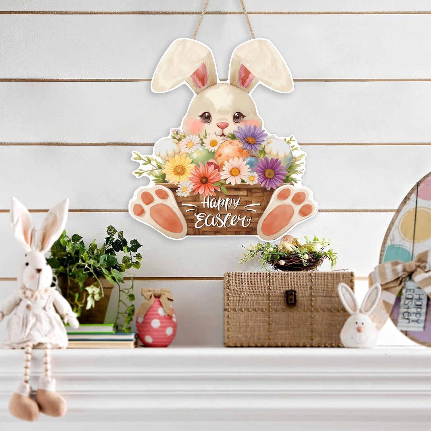 Ausril Easter Wood Sign,Happy Easter Door Decor,Bunny Egg Hanging Wall Sign,Rabbits Plaque Hanger for Holiday Home Indoor Outdoor Spring Decoration,Flower Spring Door Hanger Plaque Yard Porch Gift